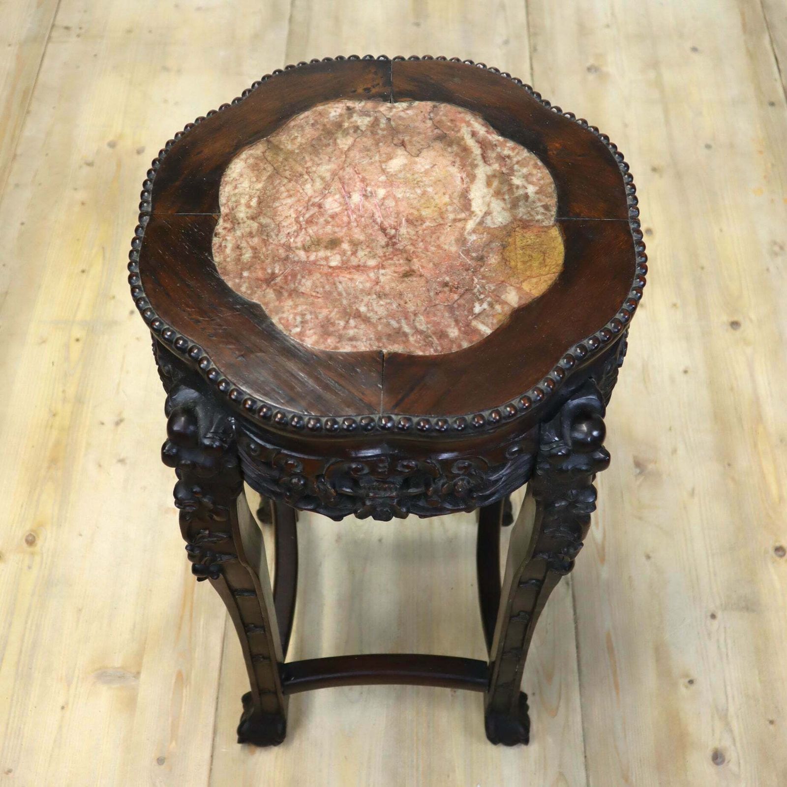 489.0 Antique Chinese Marble & Hardwood Jardiniere Stand Table photo