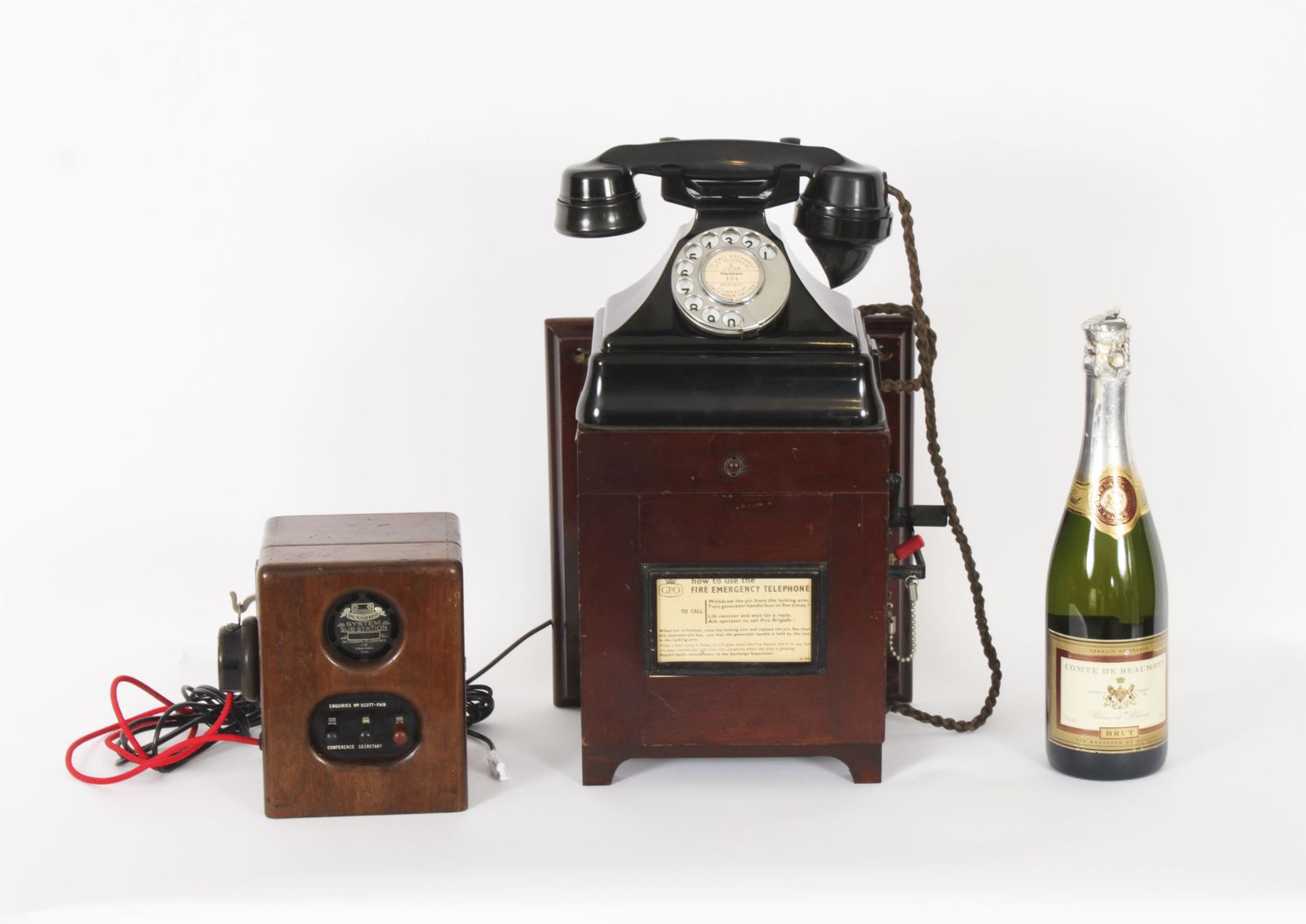 photo vintage Black Bakelite  Rotary Wall Cradle Telephone & Dictograph C1940s Mid Century