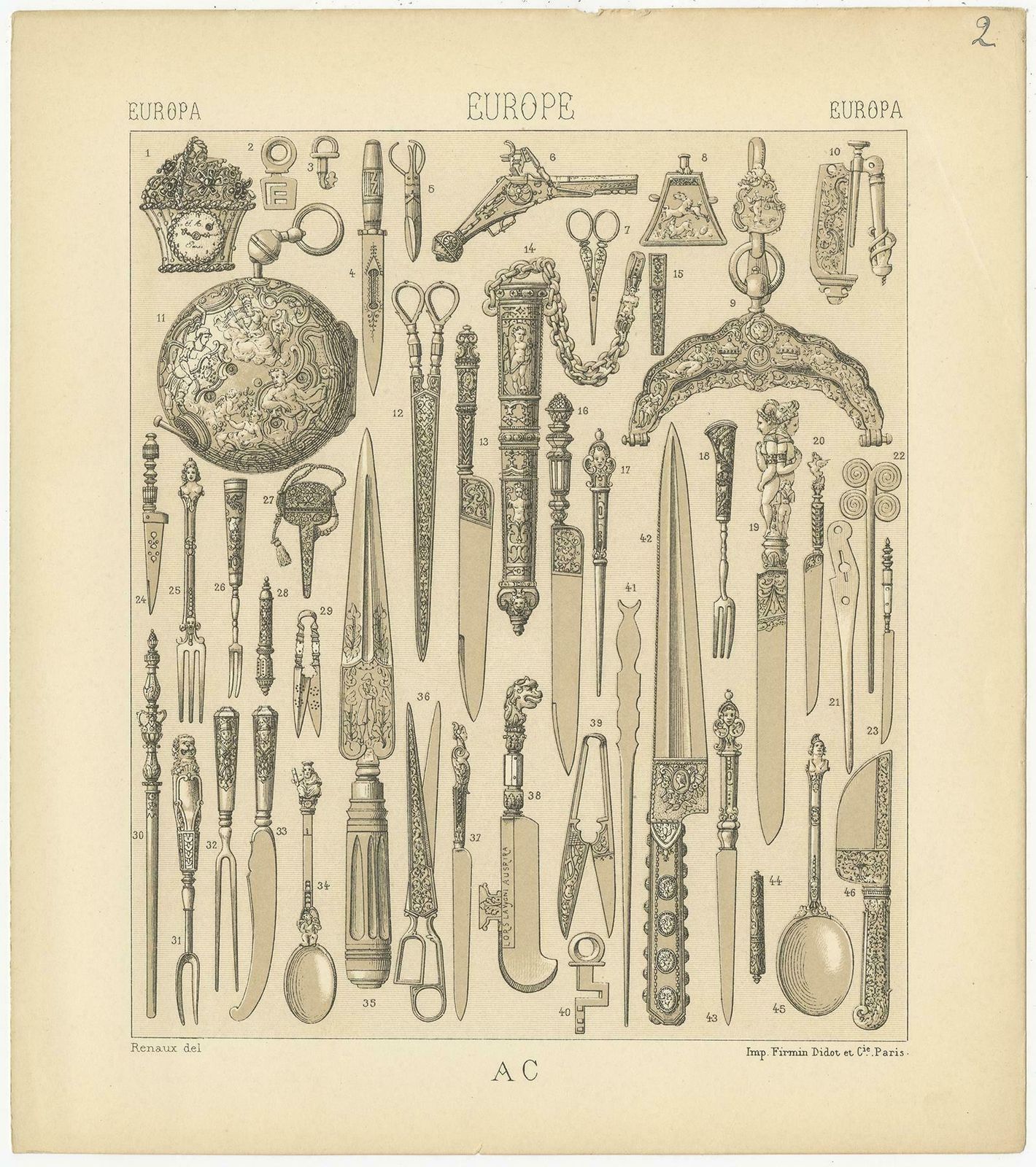 Pl. 2 Antique Print Of European Weapons And Jewelry Objects, Racinet, Circa 1880 photo furniture