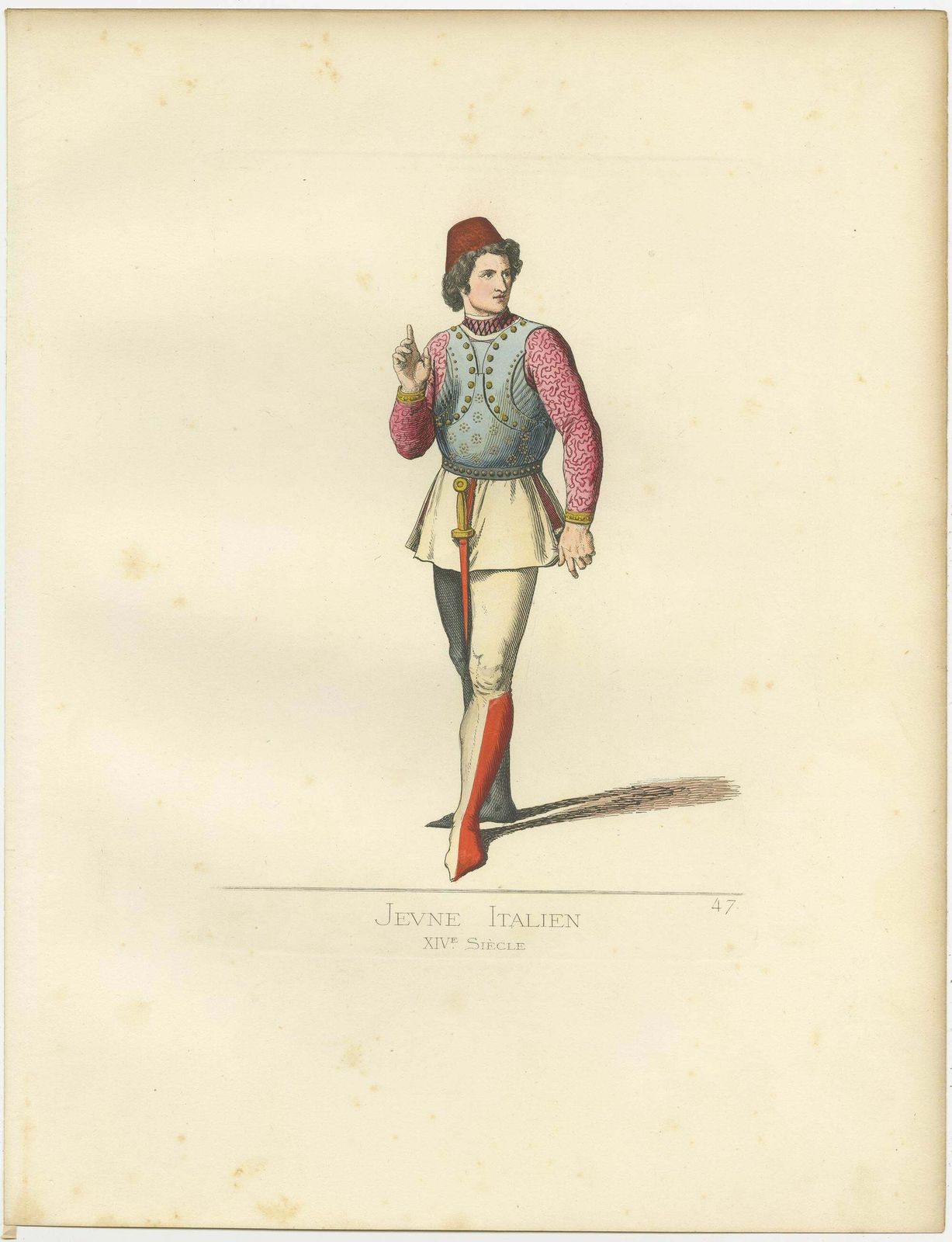 Antique Print Of A Young Italian Man, 14th Century, By Bonnard, 1860 photo for sale