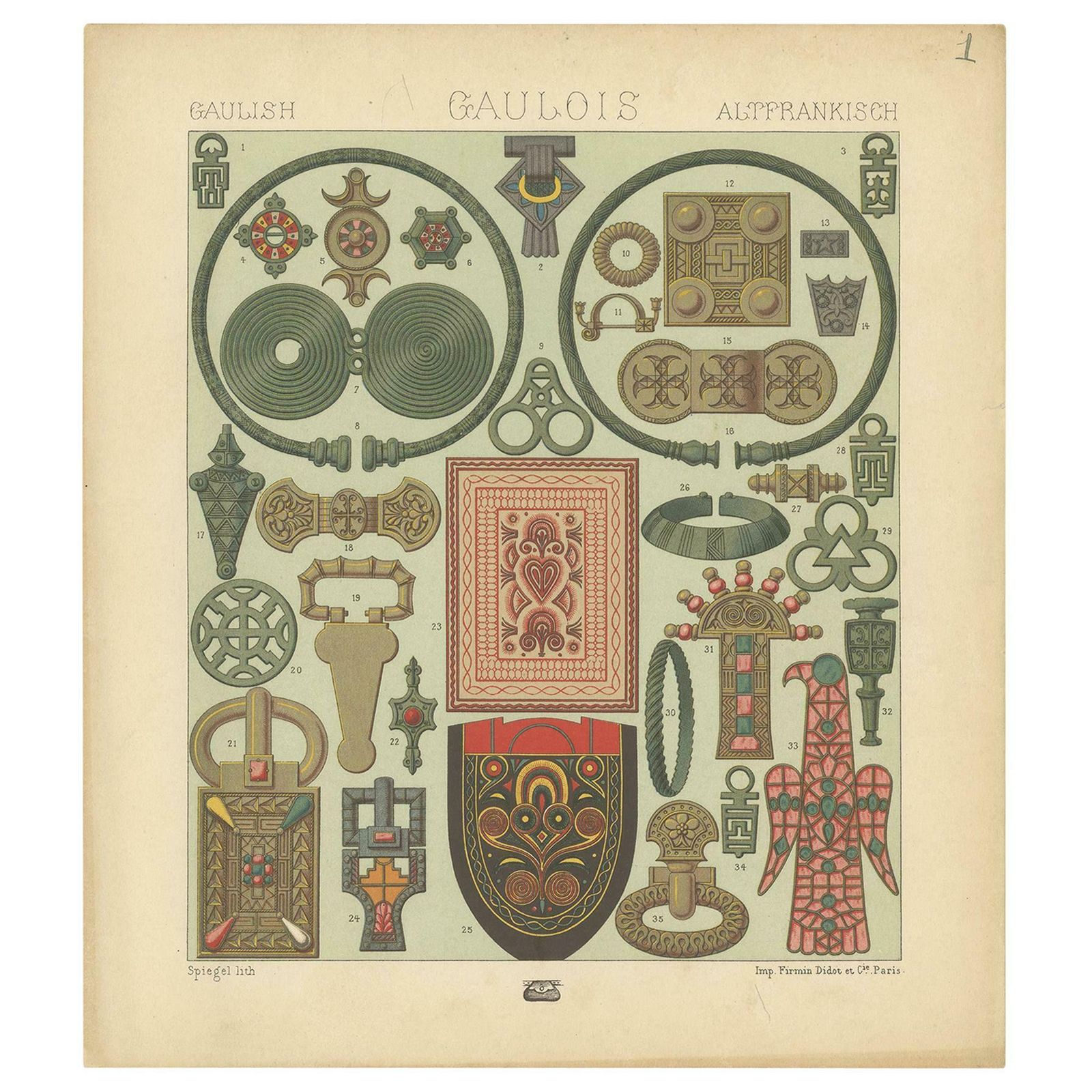 Pl. 1 Antique Print Of French Decorative Objects By Racinet 'Circa 1880'