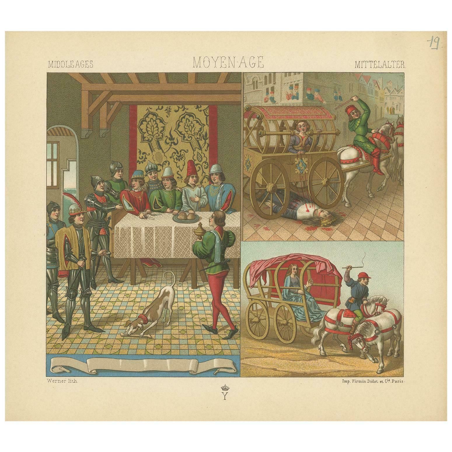 Pl. 19 Antique Print Of Middle Ages Scenes By Racinet, Circa 1880