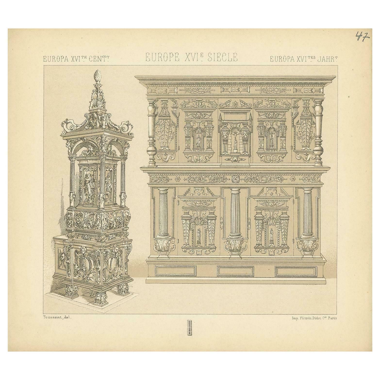 Pl. 47 Antique Print Of European Xvith Century Decorative Objects By Racinet