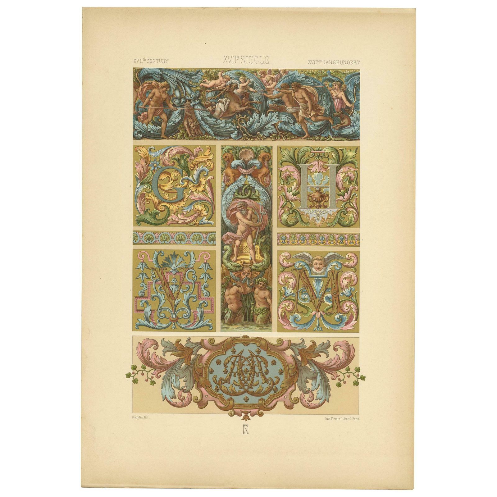 Pl. 111 Antique Print Of 17th Century From Interior Decor By Racinet, Circa 1890
