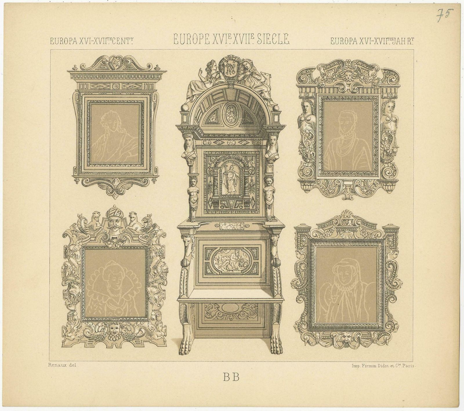 Pl. 75 Antique Print Of European Xvith Xviith Furniture By Racinet 'Circa 1880' photo furniture
