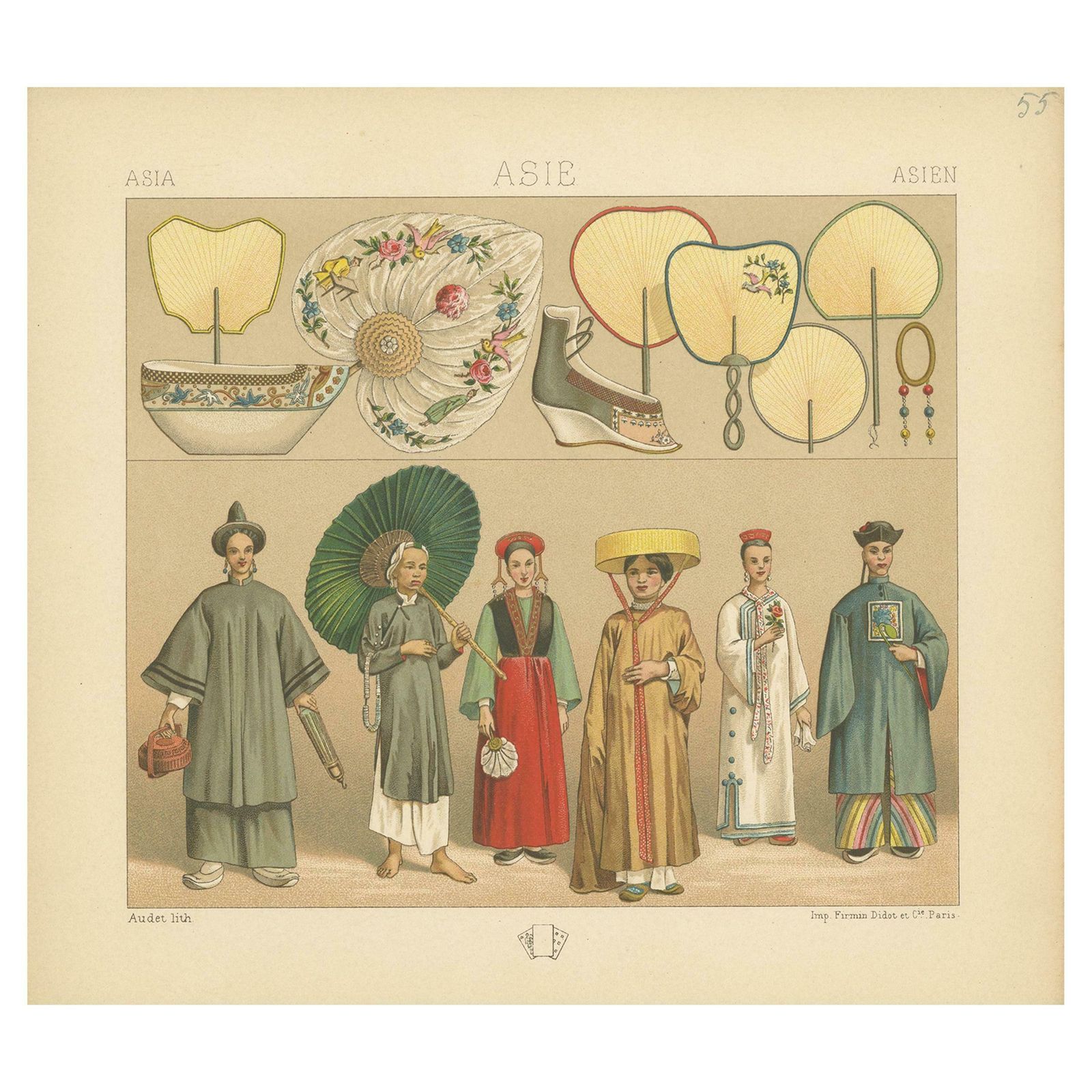 Pl. 55 Antique Print Of Asian Costumes By Racinet, 'Circa 1880'