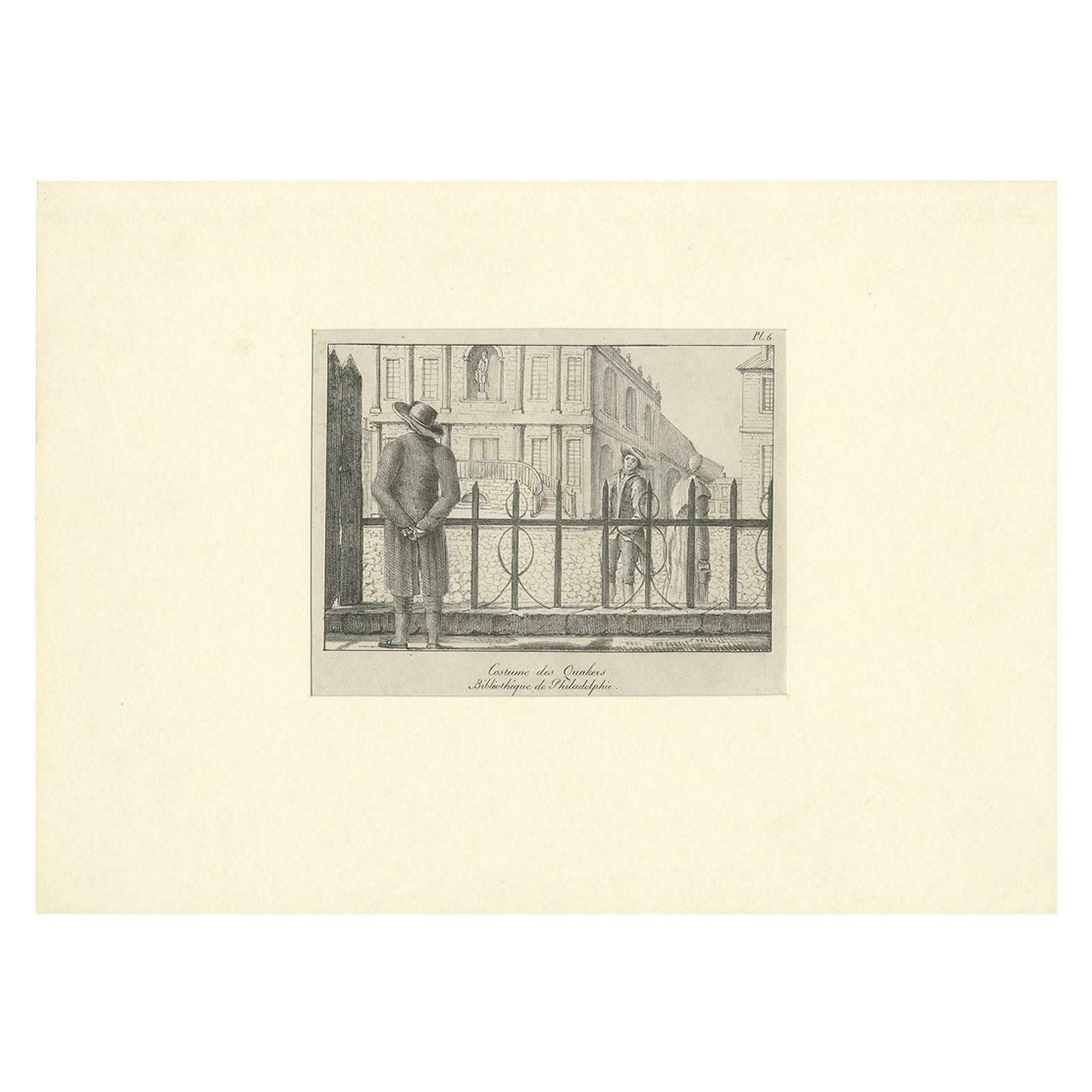 Antique Print Of A Quaker Man And Woman Near The Library Company Of Philadelphia