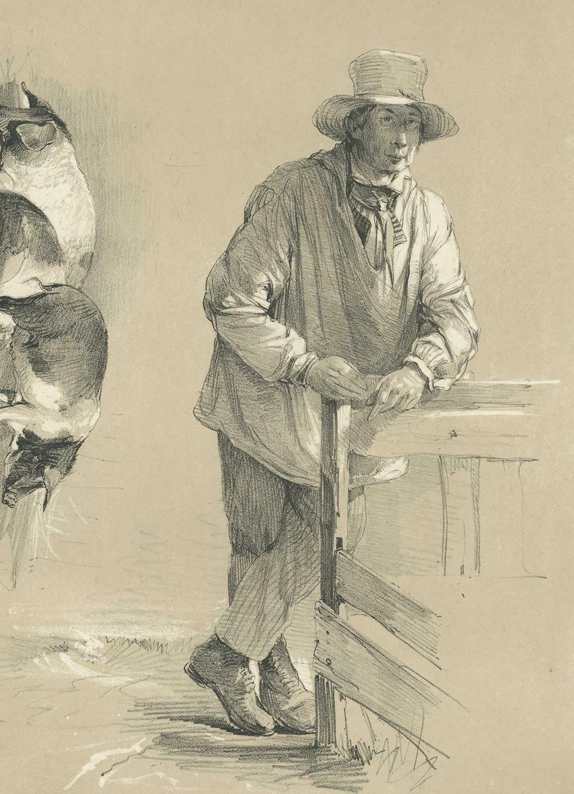 Original Antique Print Of Pigs And A Farmer By Ducôte 'Circa 1840' photo Art