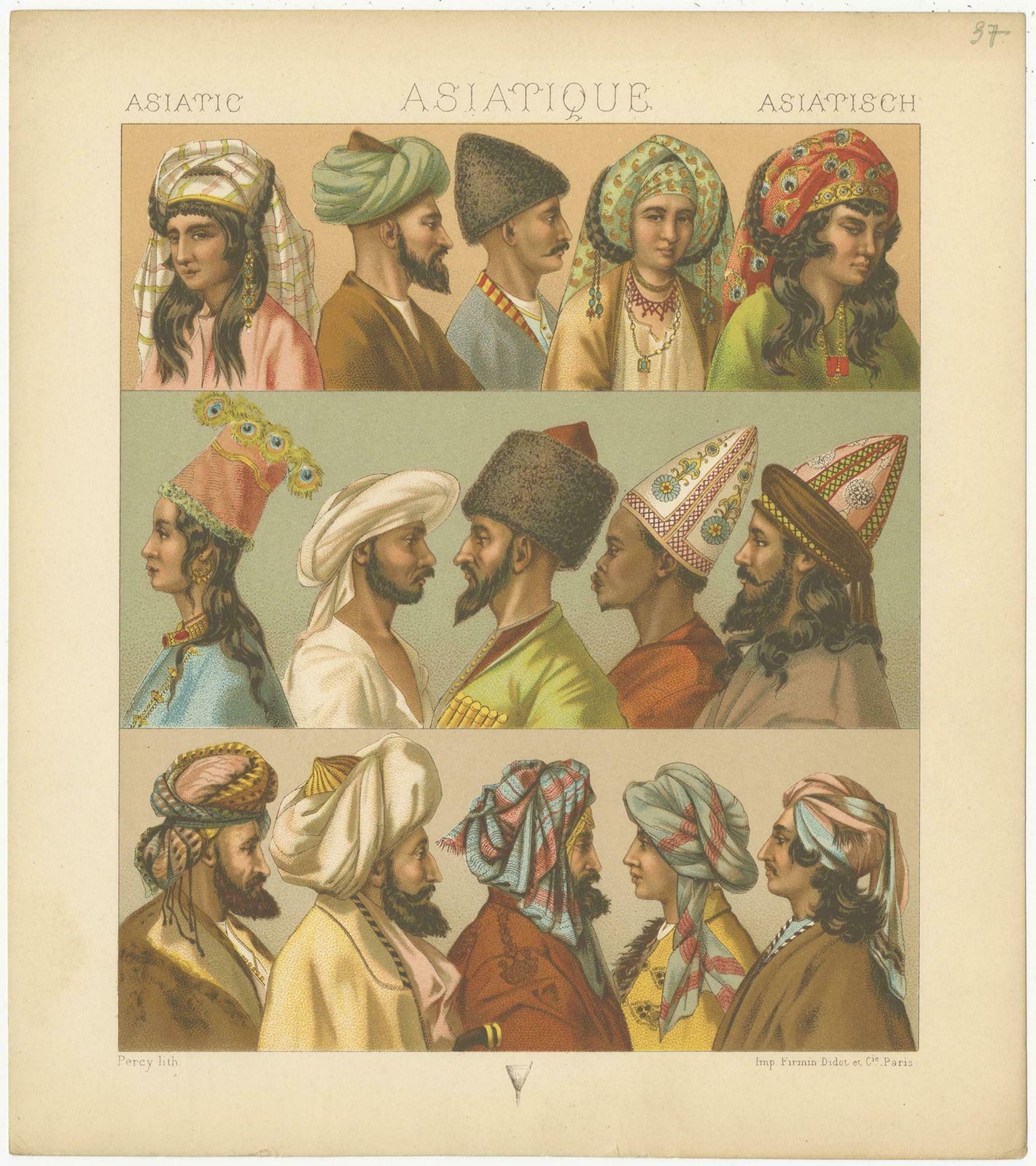Pl. 37 Antique Print Of Asiatic Headwear By Racinet, 'Circa 1880' photo furniture