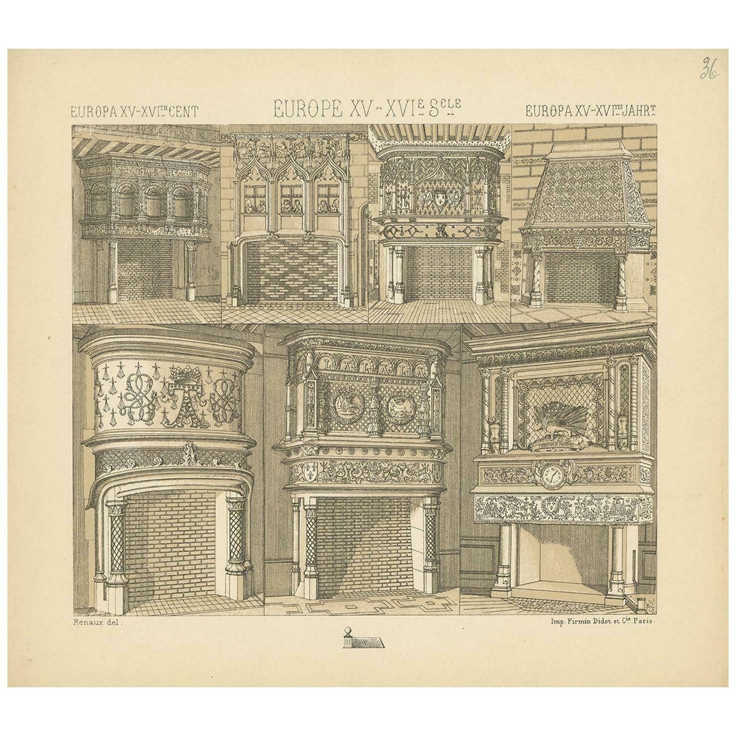 Pl. 36 Print Of European 15th 16th Century Fireplaces By Racinet, Circa 1880