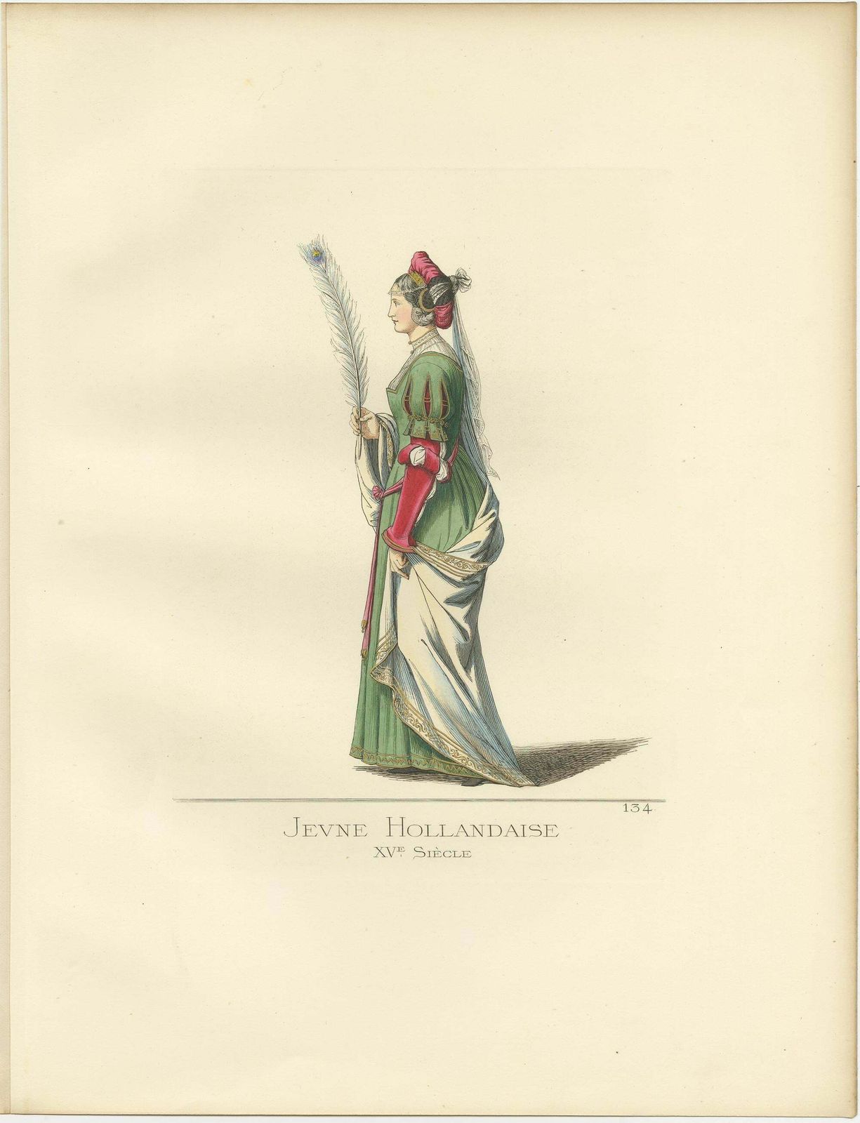 Antique Print Of A Young Woman From Holland, 15th Century, By Bonnard, 1860 photo for sale