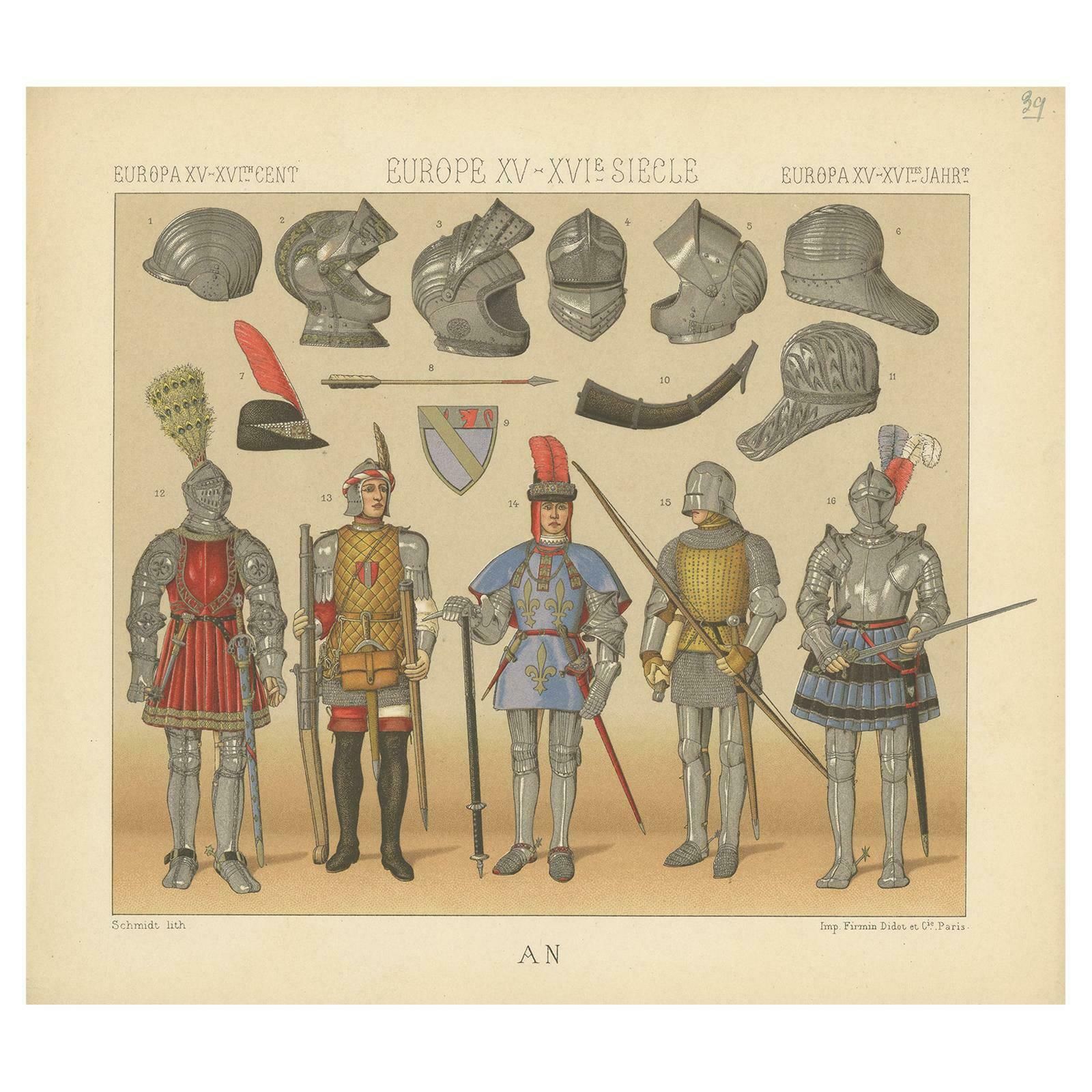 Pl. 39 Print Of European 15th 16th Century Armament By Racinet, Circa 1880