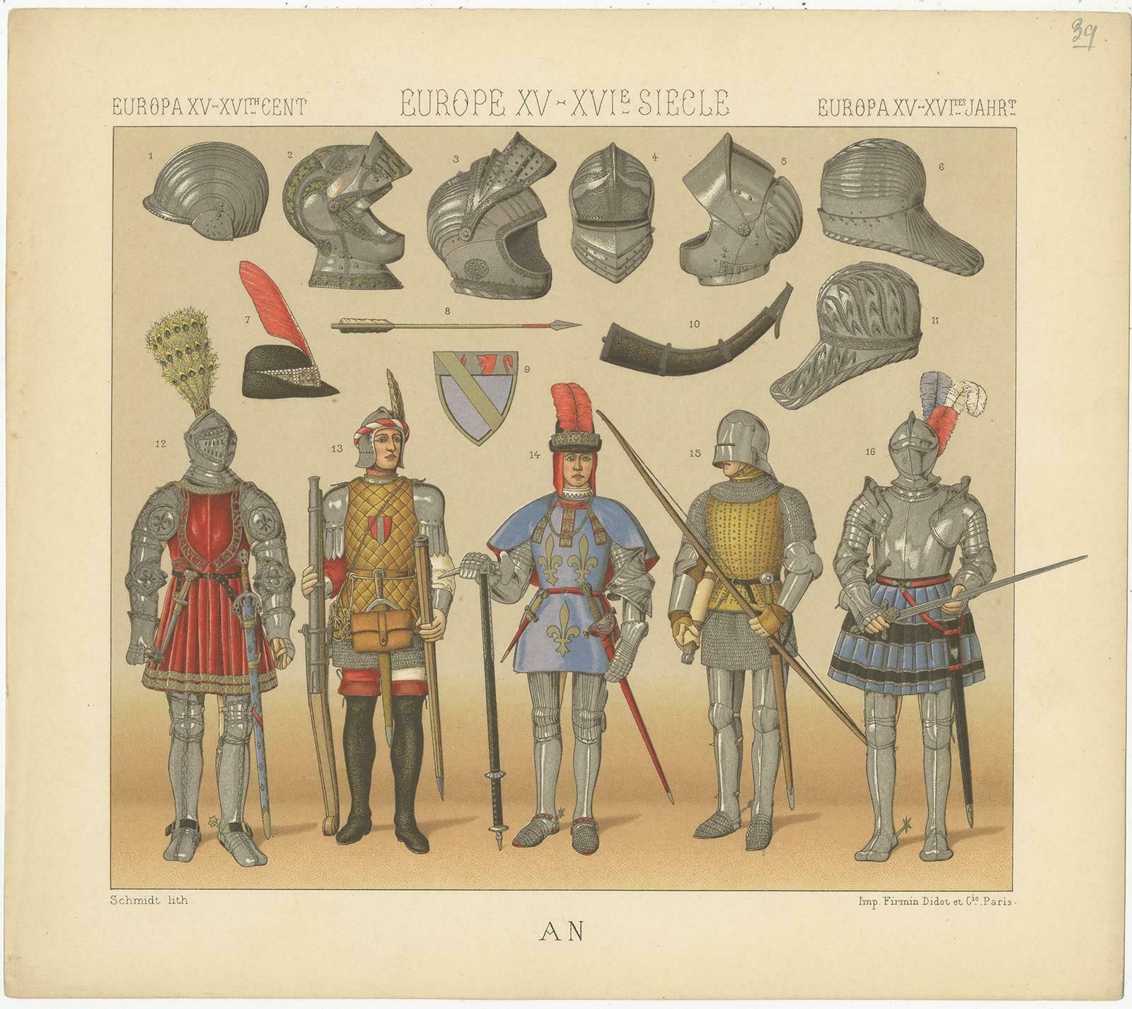 Pl. 39 Print Of European 15th 16th Century Armament By Racinet, Circa 1880 photo for sale
