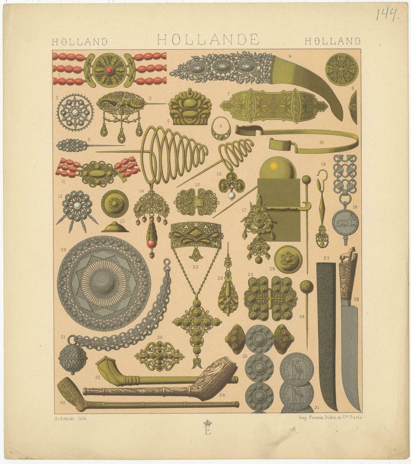 Pl. 144 Antique Print Of Holland Decorative Objects By Racinet, 'Circa 1880' photo for sale