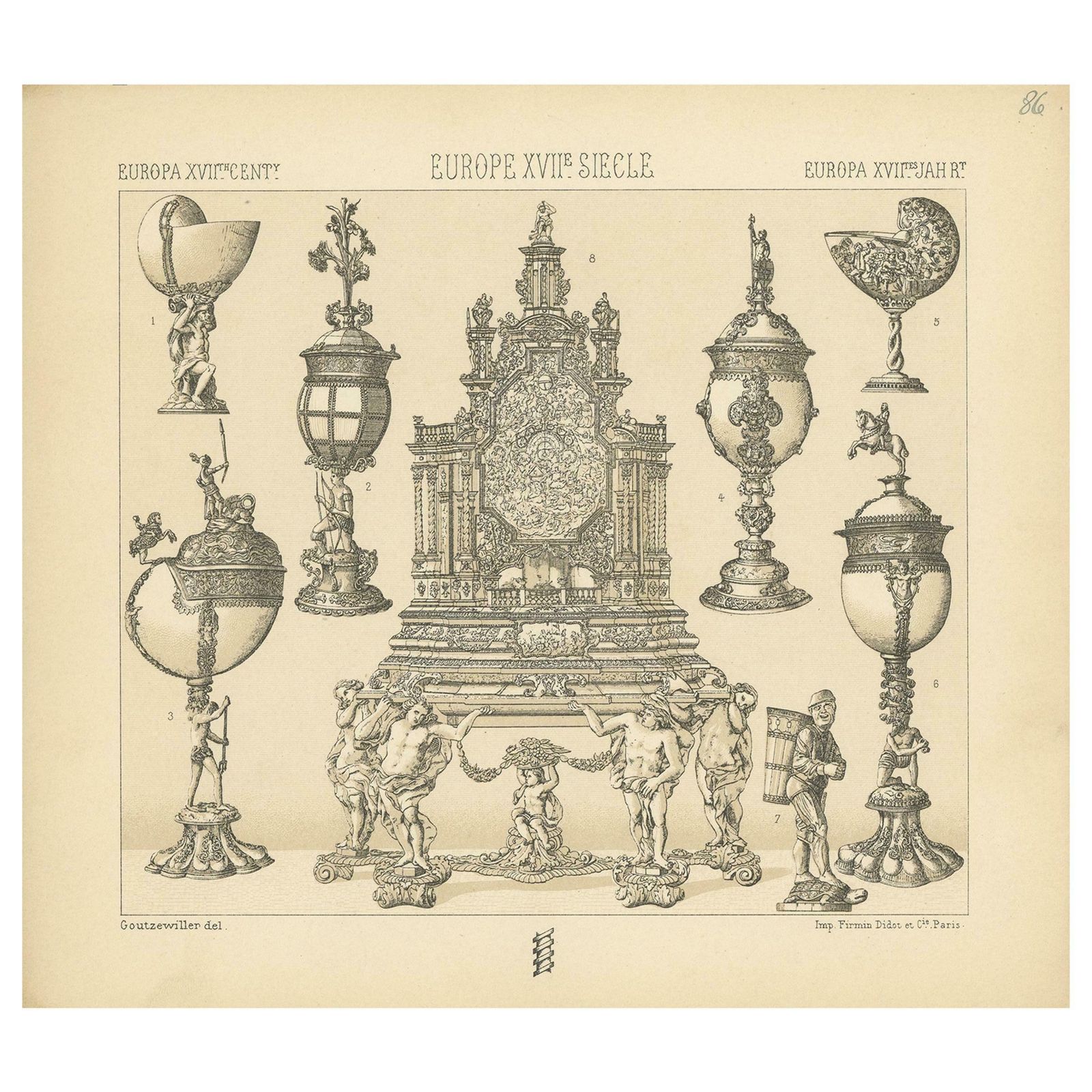 Pl. 86 Antique Print Of European Decorative Objects By Racinet, Circa 1880