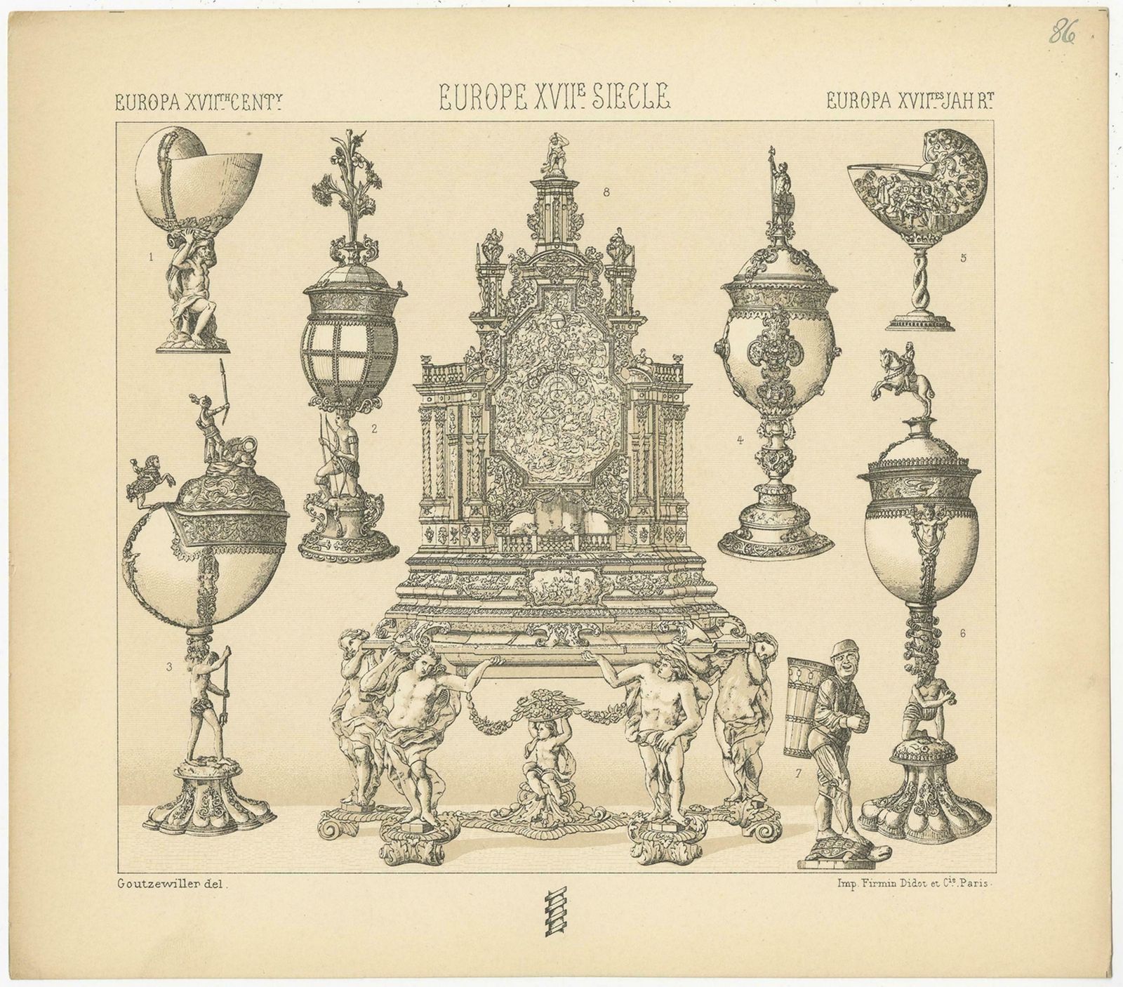 Pl. 86 Antique Print Of European Decorative Objects By Racinet, Circa 1880 photo for sale