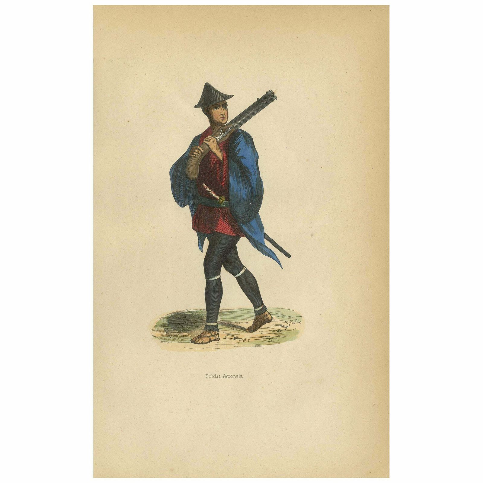 Antique Print Of A Japanese Carrying A Weapon By Wahlen, 1843