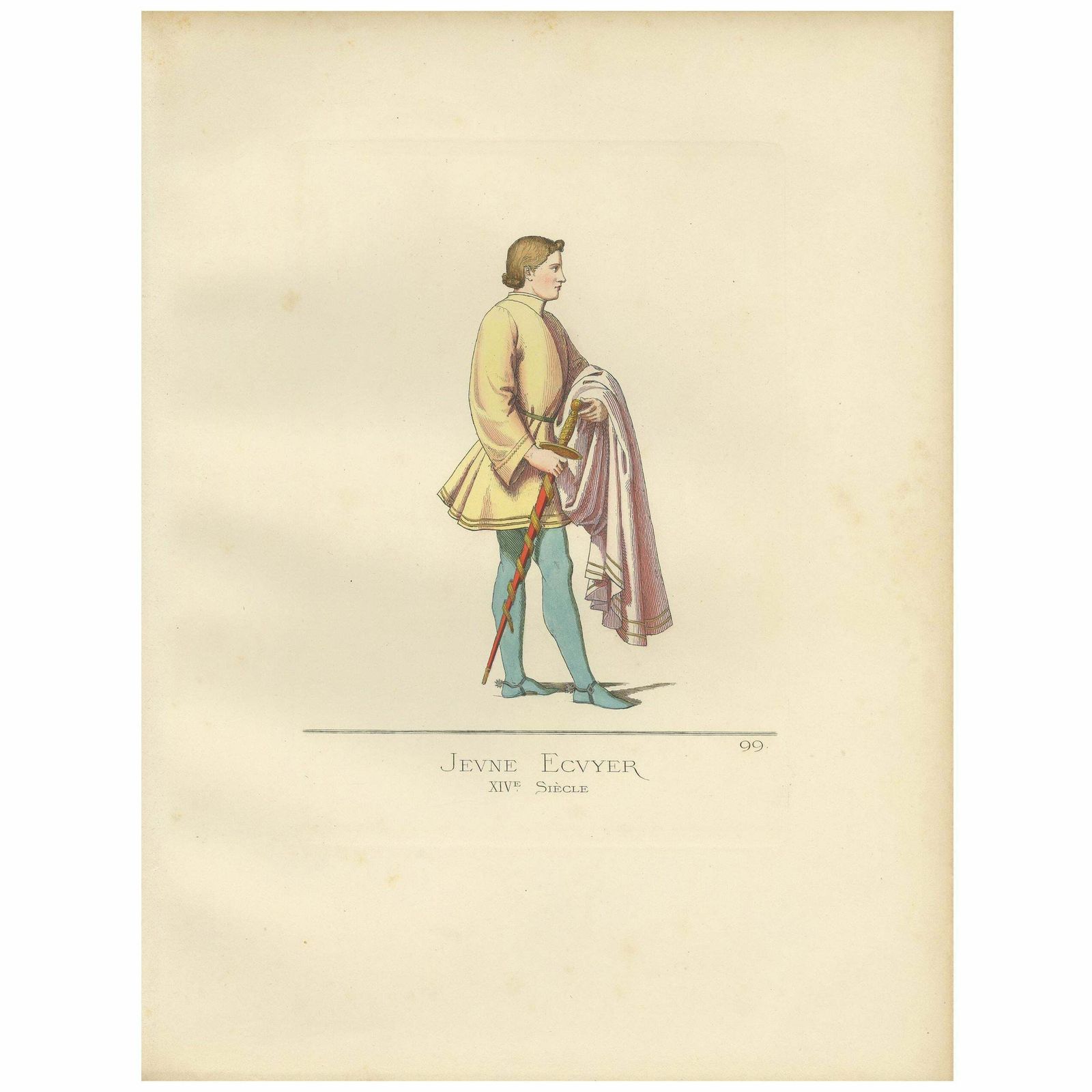 Antique Print Of A Young Squire, Italy, 14th Century, By Bonnard, 1860