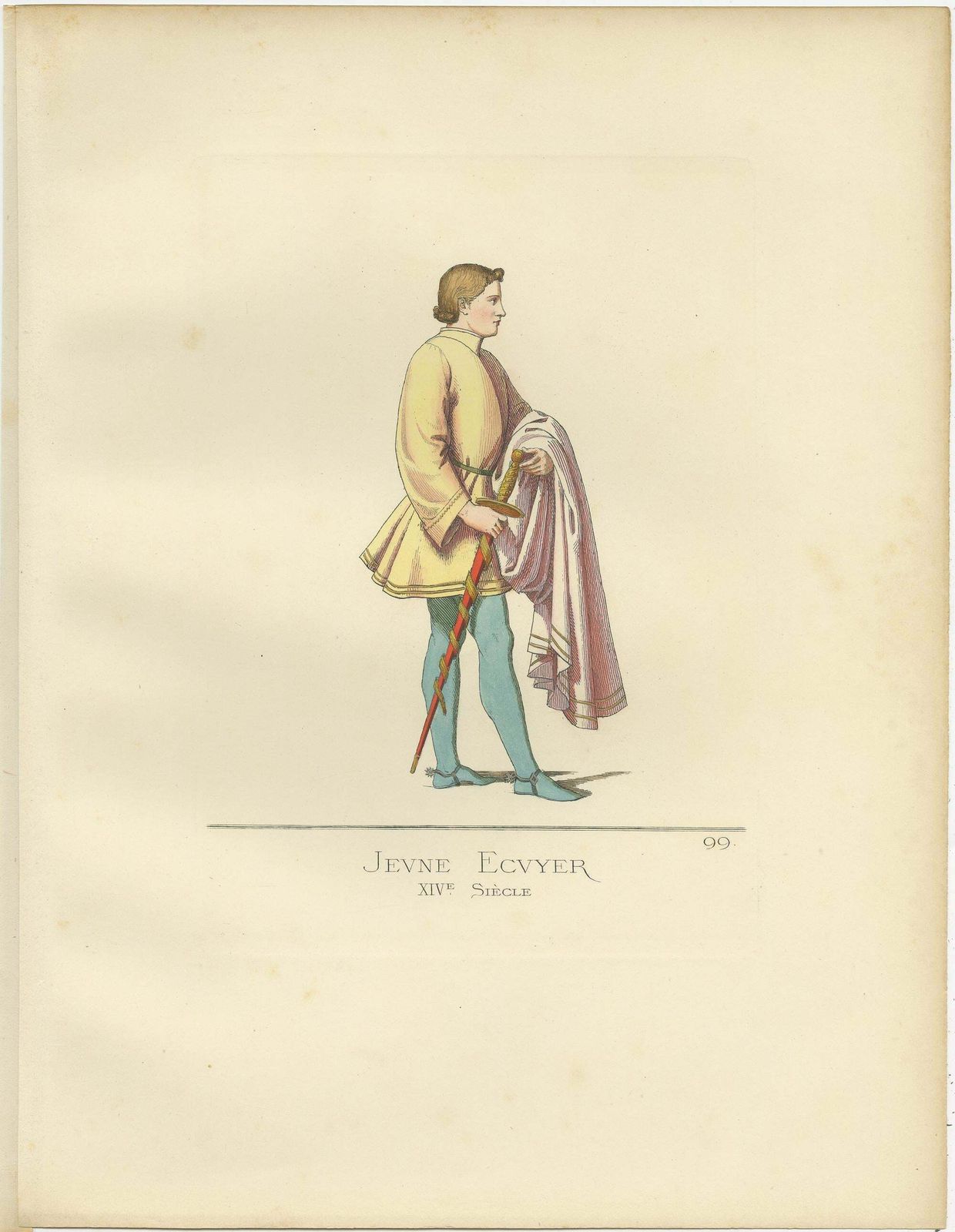 Antique Print Of A Young Squire, Italy, 14th Century, By Bonnard, 1860 photo furniture