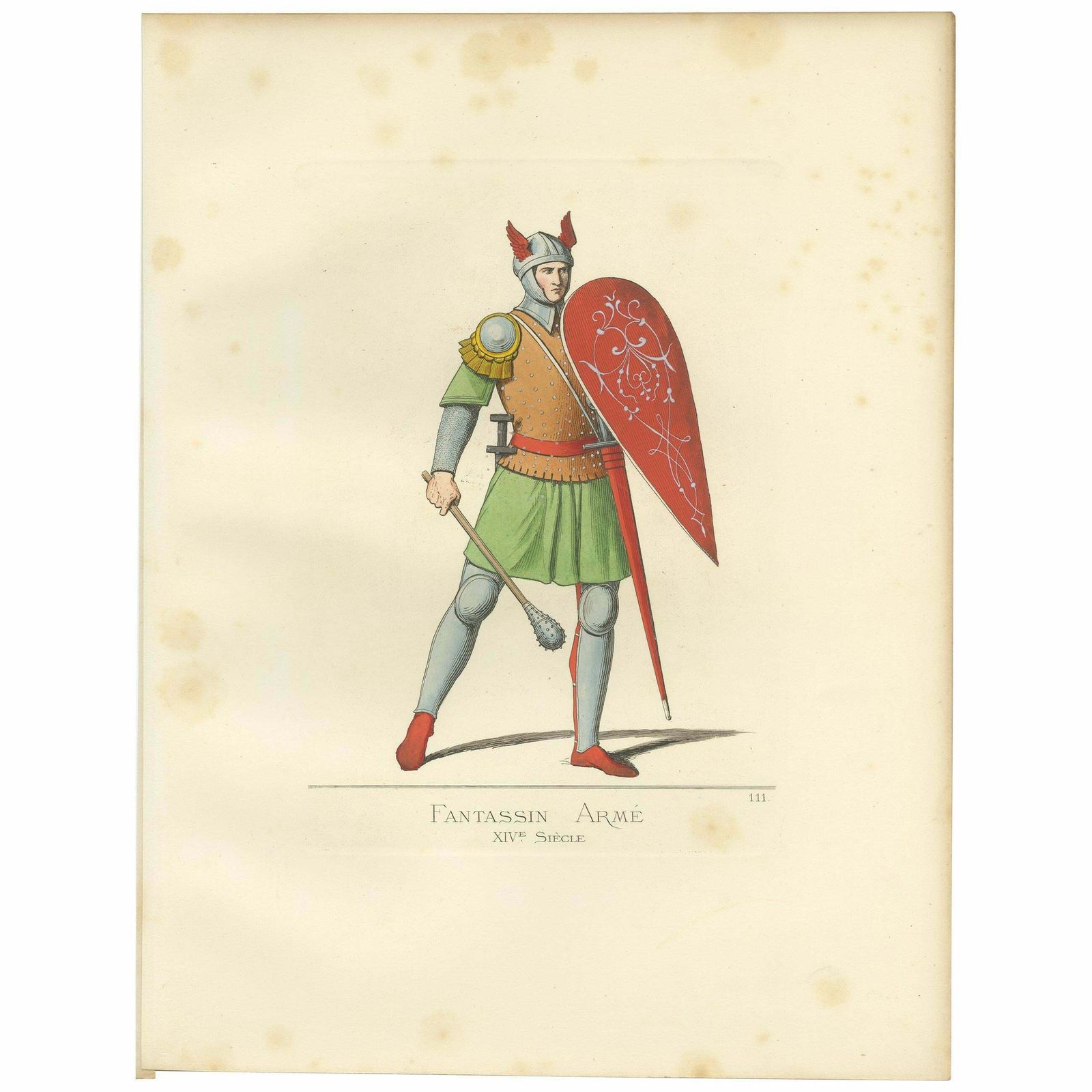 Antique Print Of An Infantry Soldier, Italy, 14th Century, By Bonnard, 1860