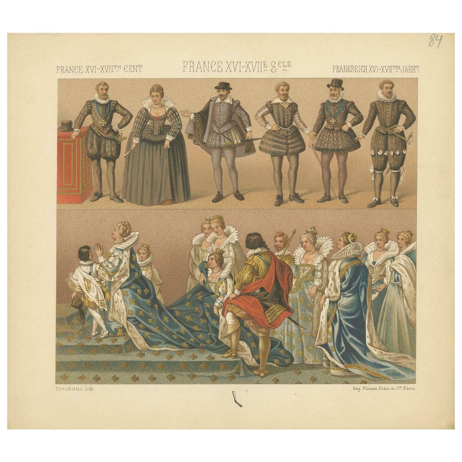 Pl. 84 Antique Print Of French XVI Xviith Century Costumes By Racinet Circa 1880