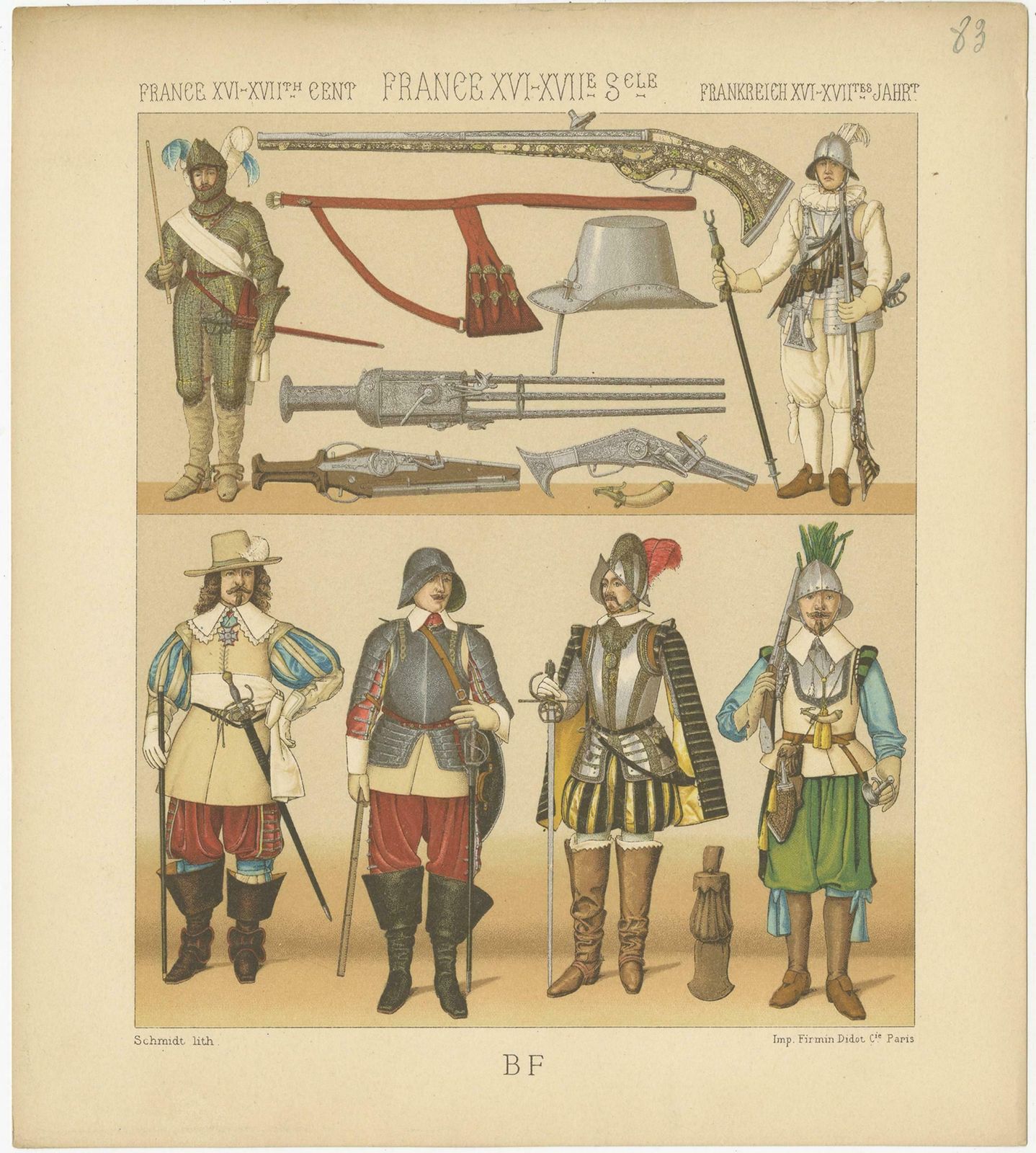 Pl. 83 Antique Print Of French 16th Century Battle Costumes By Racinet photo for sale