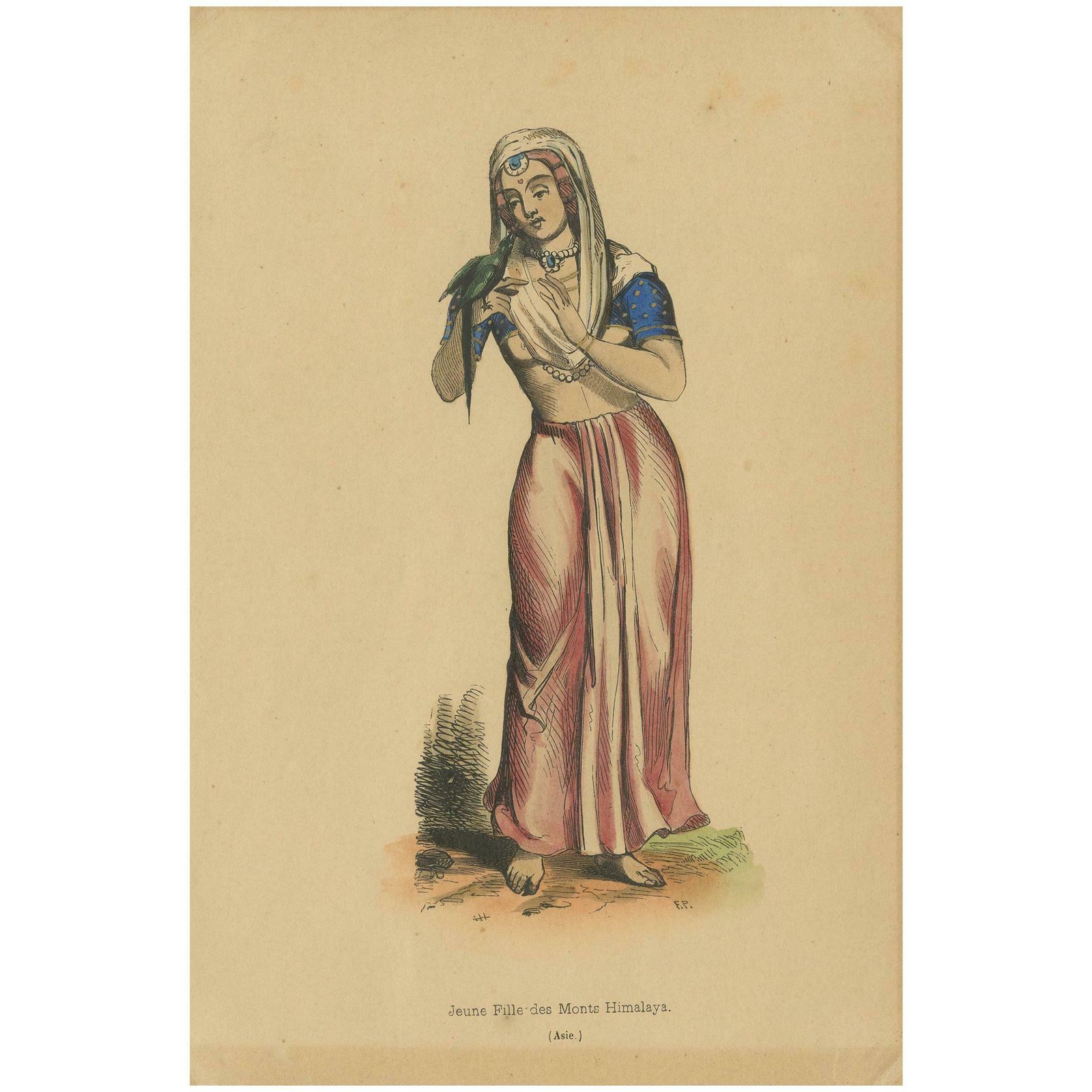 Antique Costume Print Of A Young Lady Of Mount Himalayas By Wahlen '1843'