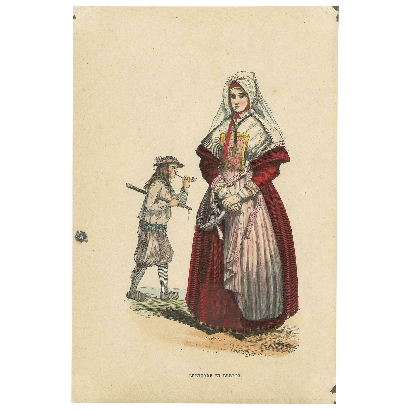 Antique Costume Print Of Inhabitants Of Brittany By Wahlen, 1843