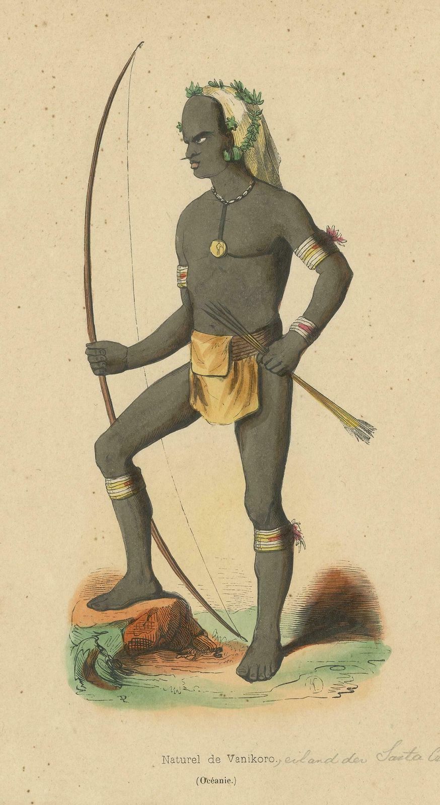 Antique Costume Print Of A Warrior Of Vanikoro Island By Wahlen, 1843 photo furniture