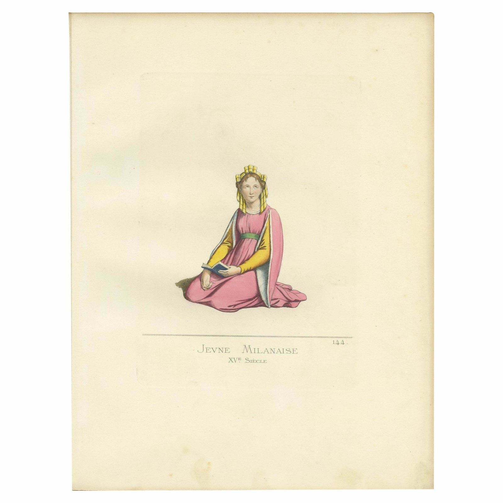 Antique Print Of A Young Woman From Milan, 14th Century, By Bonnard, 1860