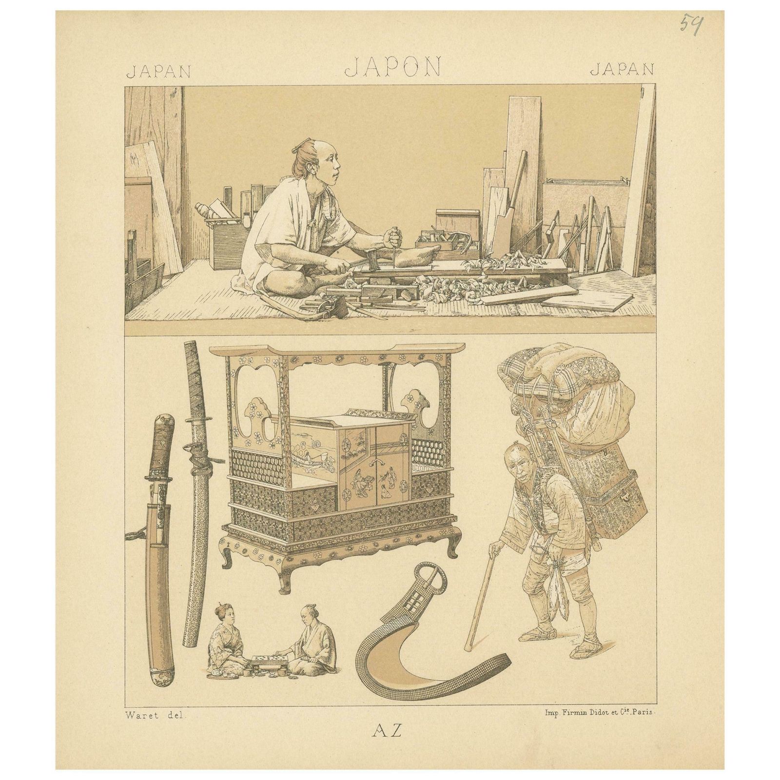 Pl. 59 Antique Print Of Japanese Devices By Racinet, 'Circa 1880'