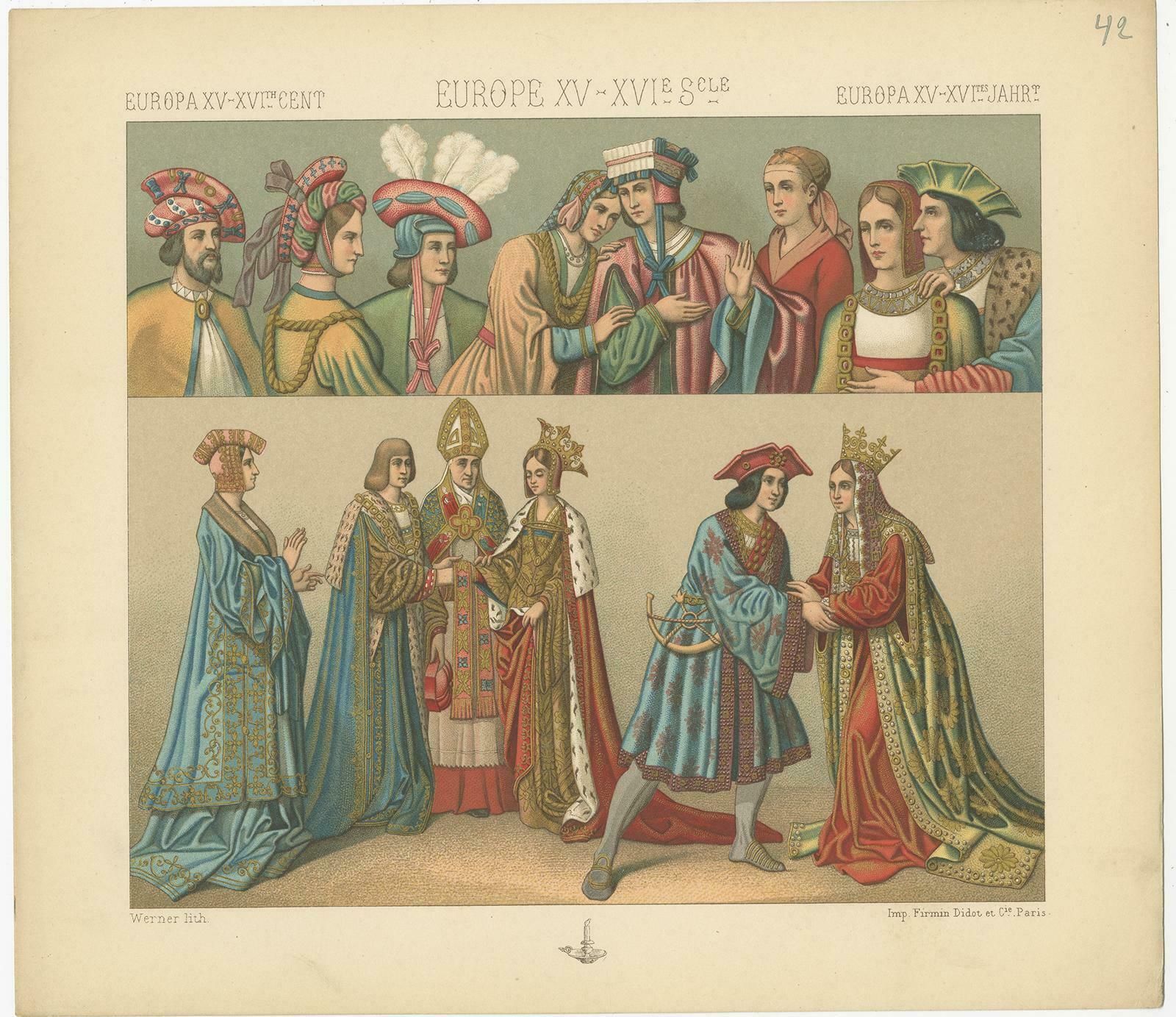 Pl 42 Antique Print Of European 15th 16th Century Costumes By Racinet photo furniture