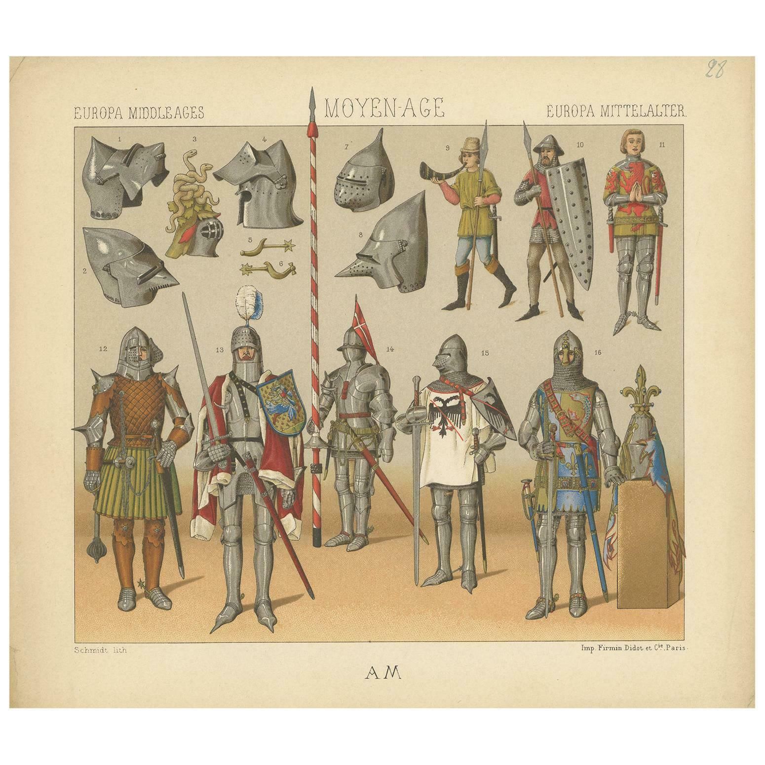 Pl. 28 Antique Print Of European Middle Ages Armament By Racinet 'Circa 1880'