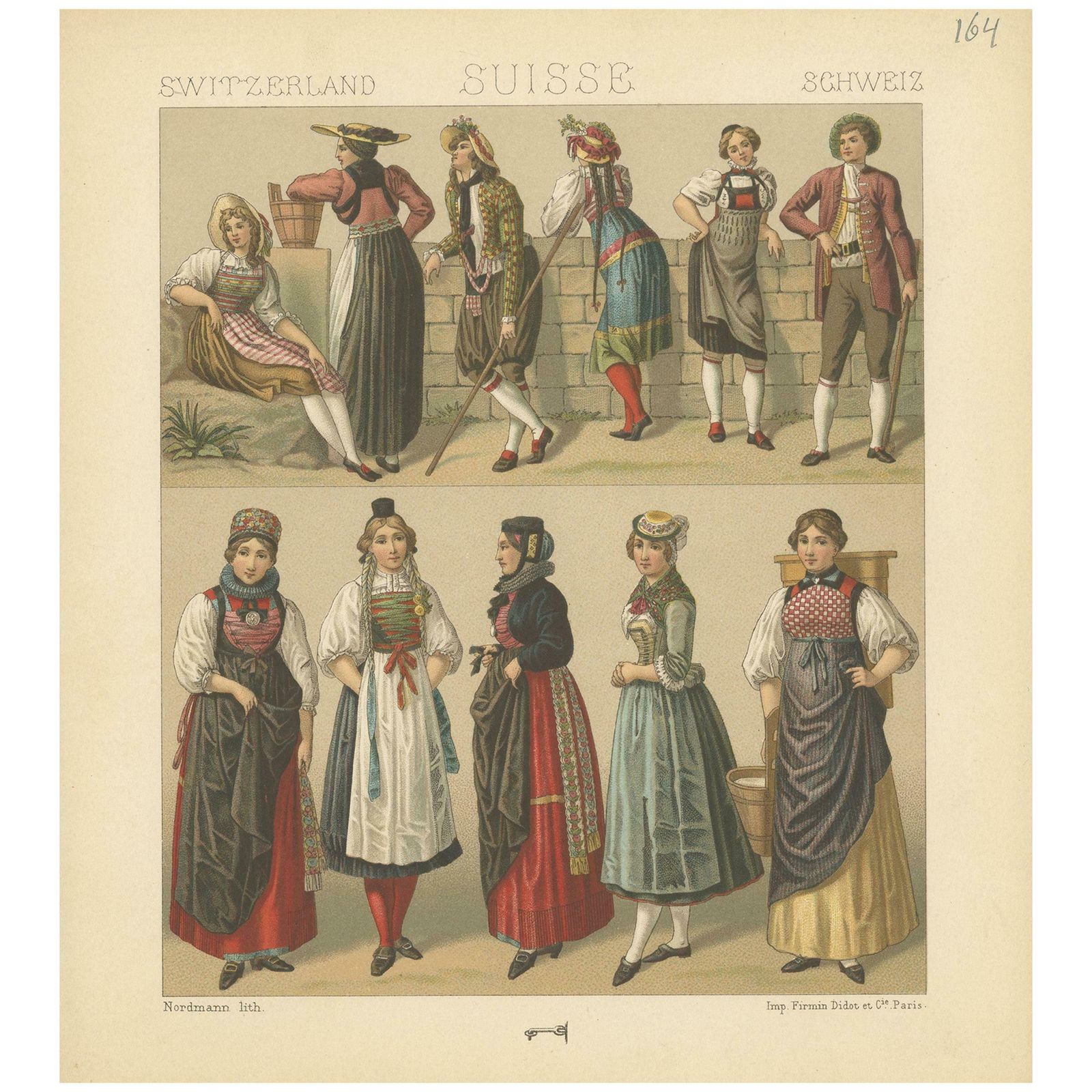 Pl. 164 Antique Print Of Swiss Women's Outfits By Racinet, 'Circa 1880'