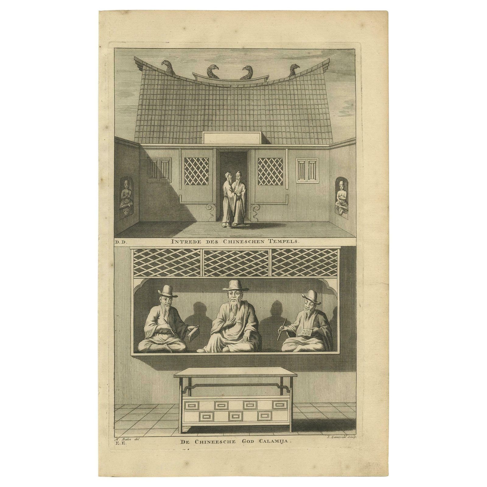 Antique Print Of A Chinese Temple And Chinese Deity By Valentijn, '1726'