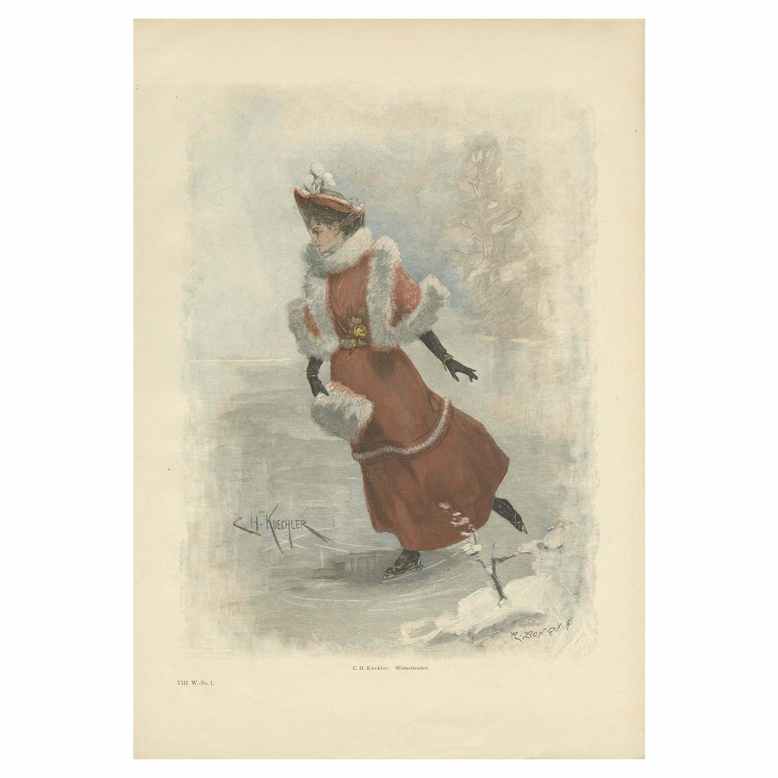 Antique Print 'Winterfreuden' After Küchler 'C.1895'