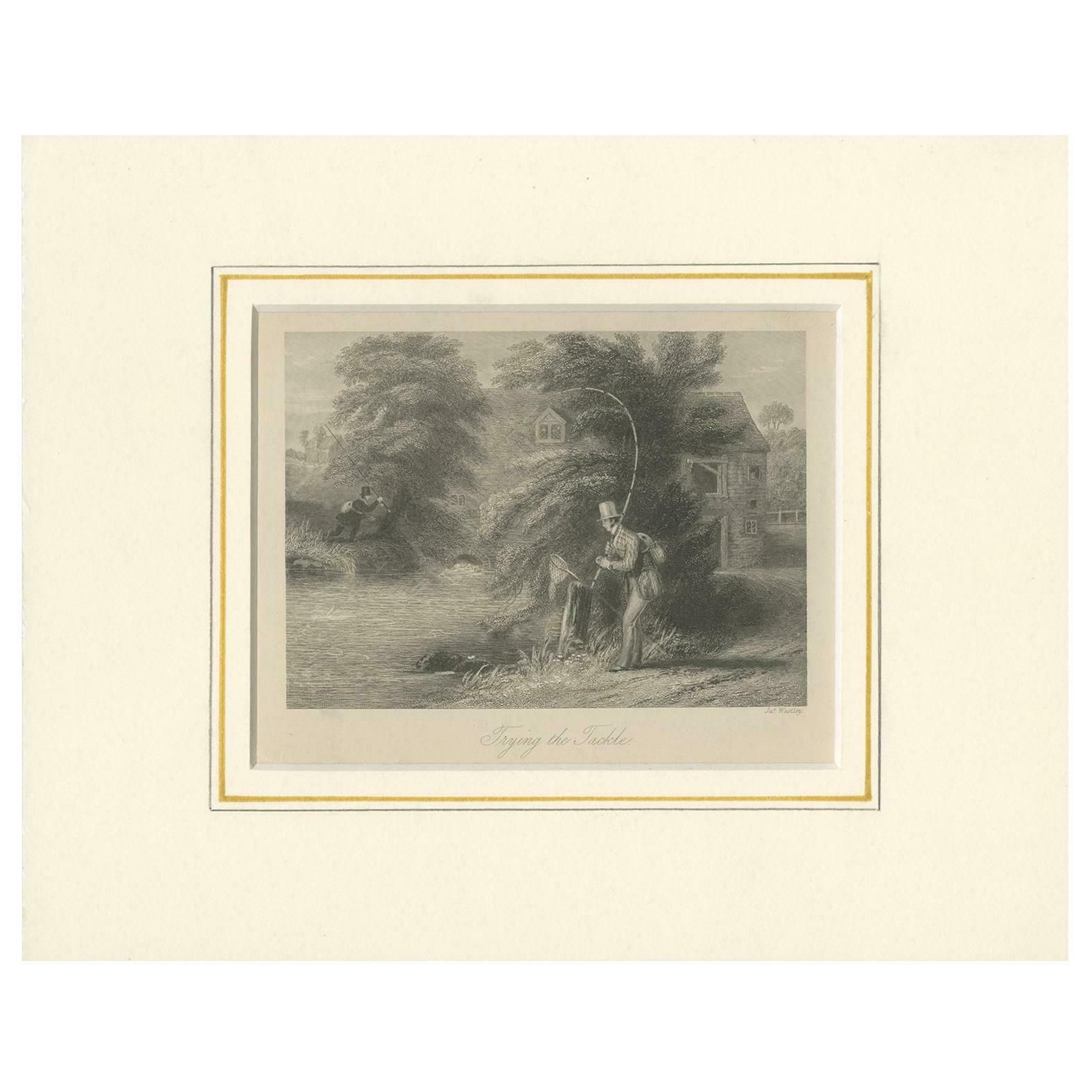 Antique Print Of A Fisherman Trying His Equipment By Rogerson (1856)
