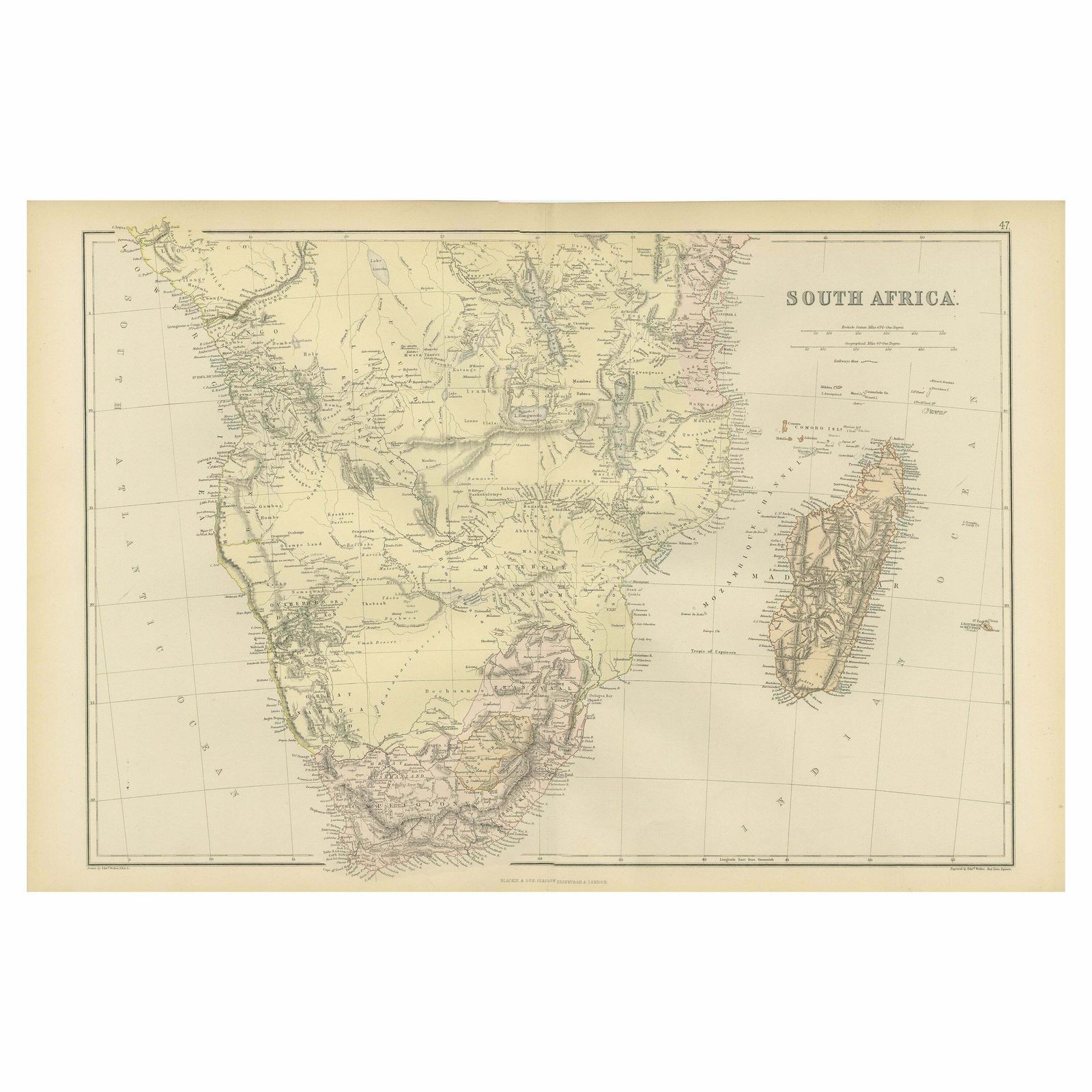 Antique Decorative Coloured Map Of South Africa And Madagascar, 1882