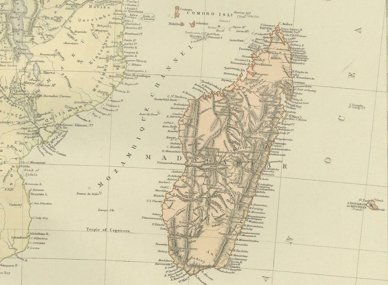 Antique Decorative Coloured Map Of South Africa And Madagascar, 1882 photo vinterior