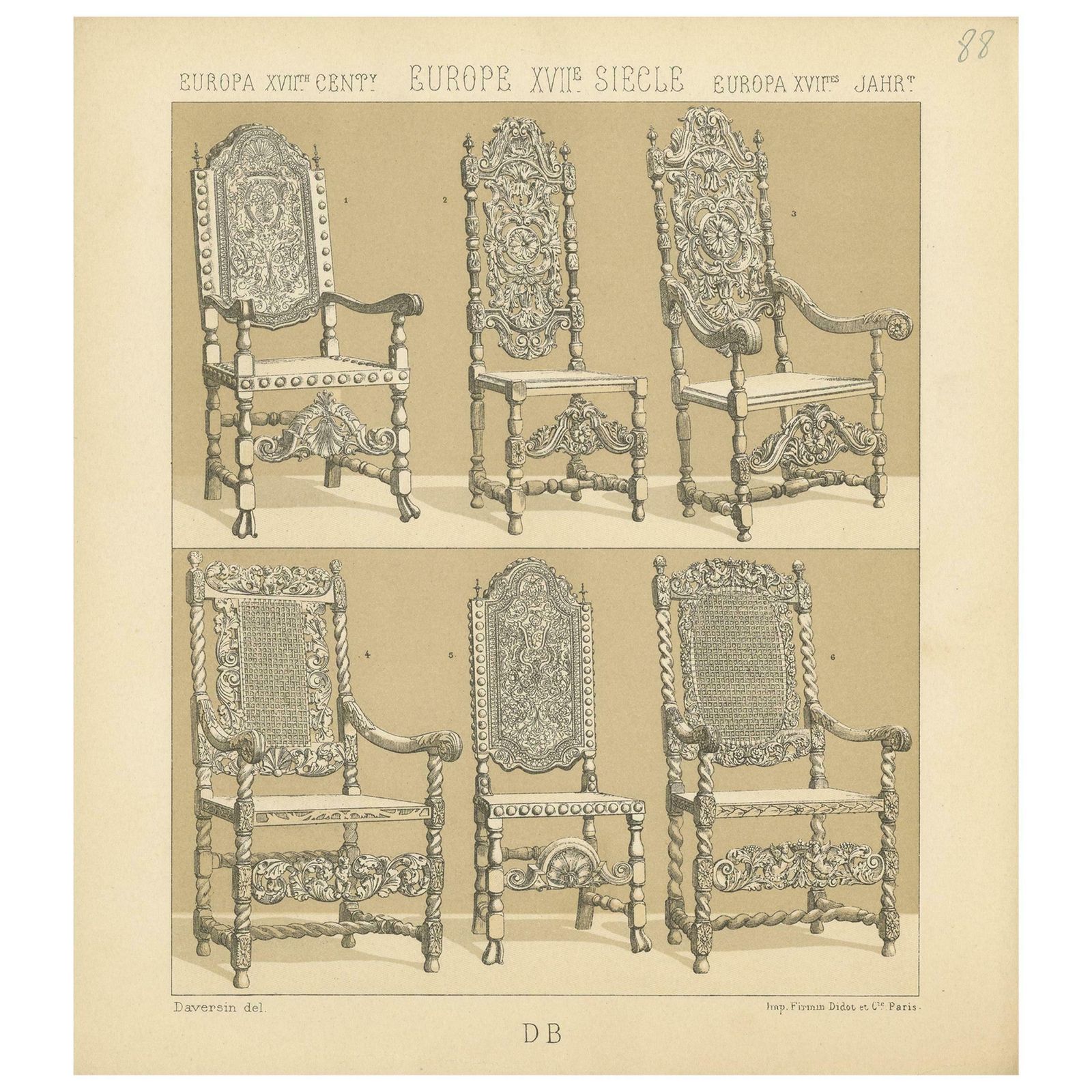 Pl. 88 Antique Print Of European 17th Century Chairs By Racinet, Circa 1880