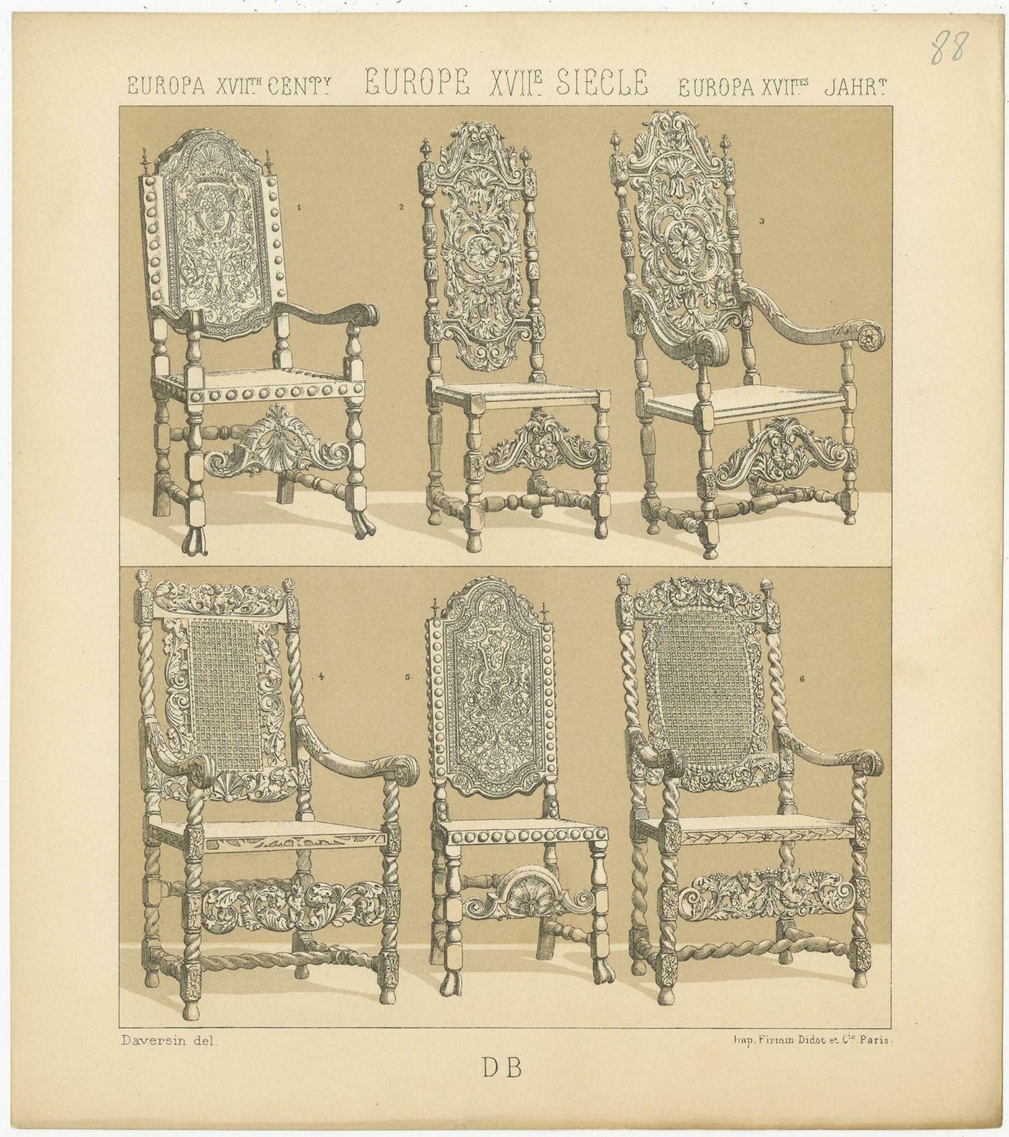 Pl. 88 Antique Print Of European 17th Century Chairs By Racinet, Circa 1880 photo Art