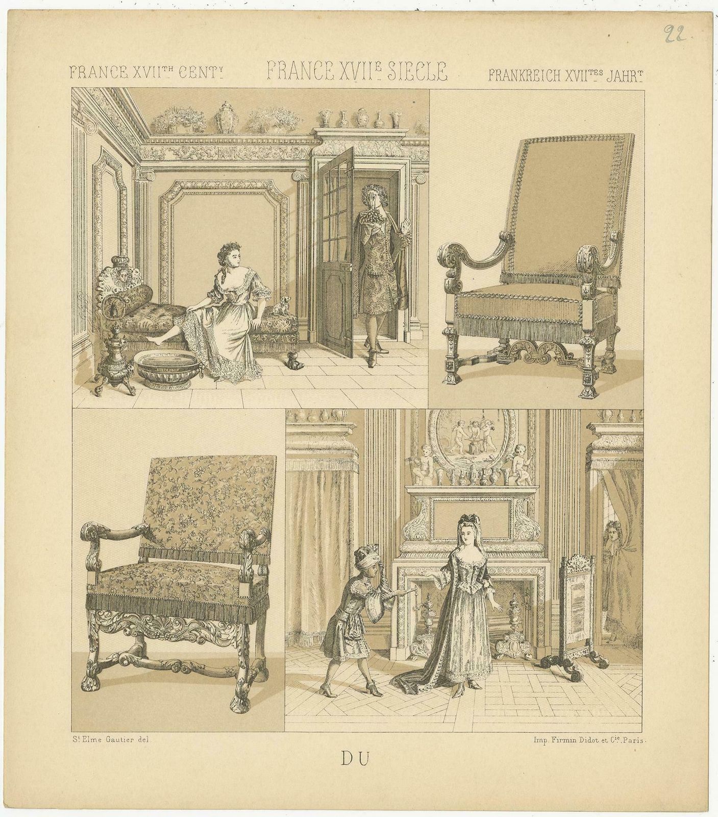 Pl. 22 Antique Print Of French Xviith Century Furniture By Racinet, Circa 1880 photo furniture