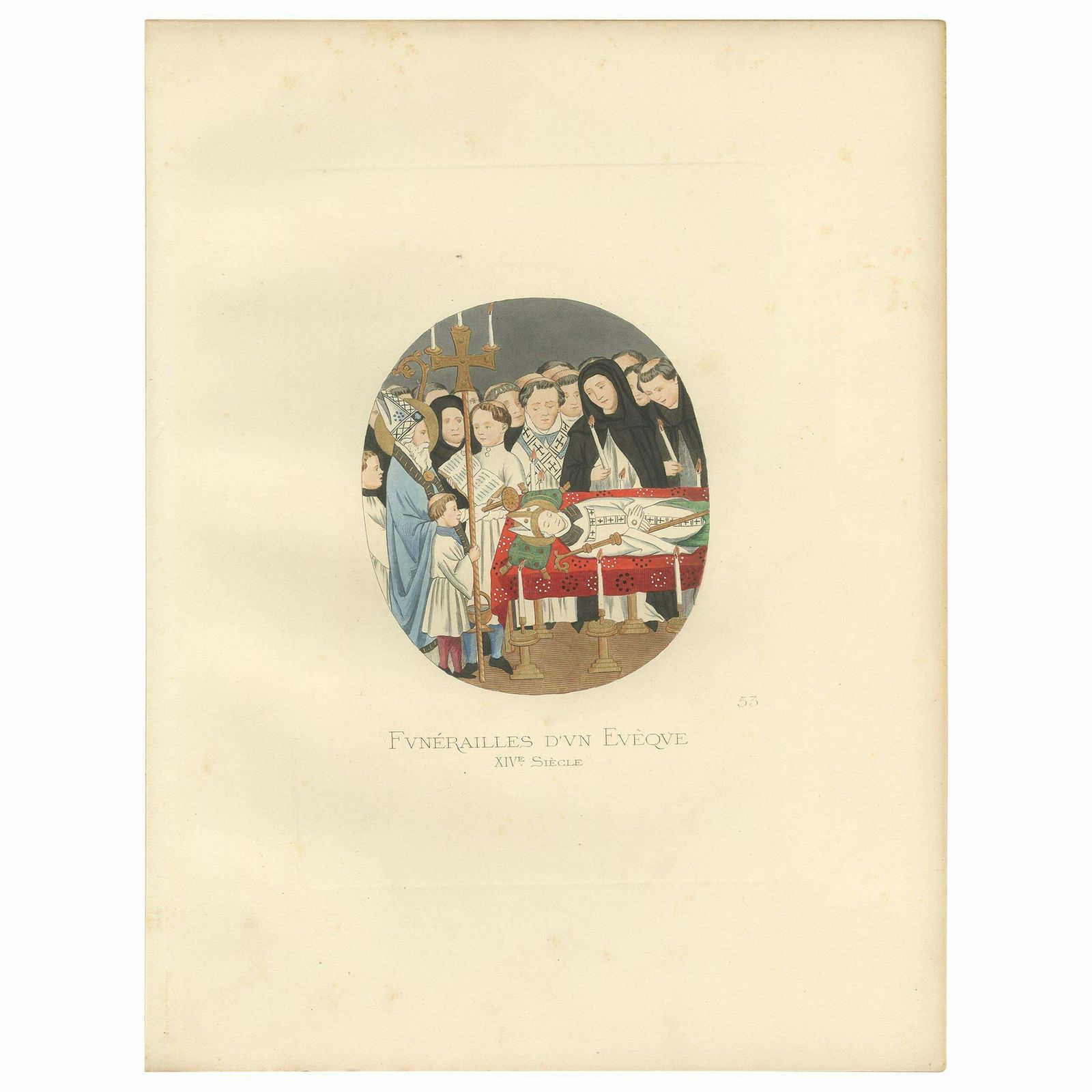 Antique Print Of A Funeral Of An Italian Bishop, 14th Century, By Bonnard, 1860