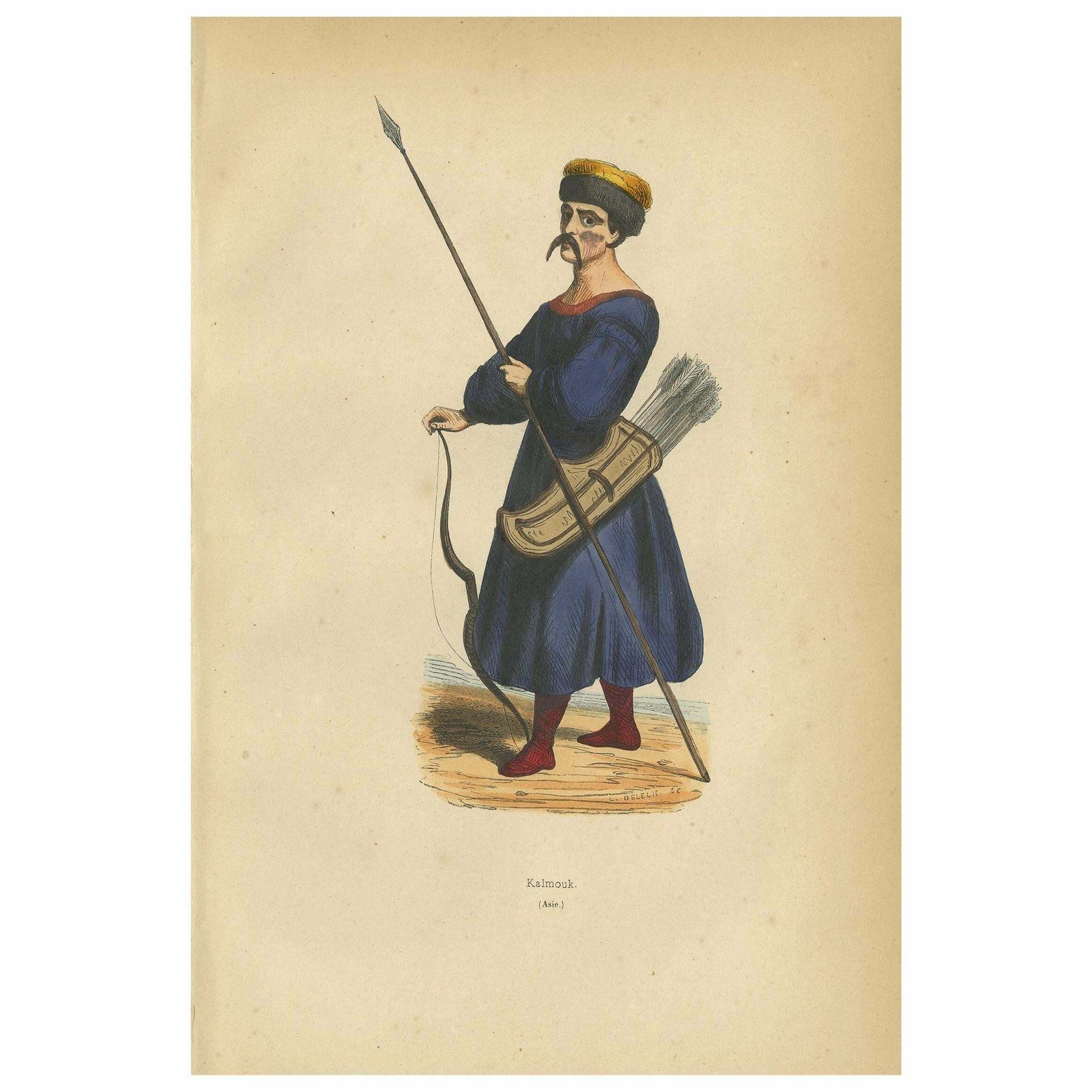 Antique Print Of A Kalmyk Man By Wahlen, 1843