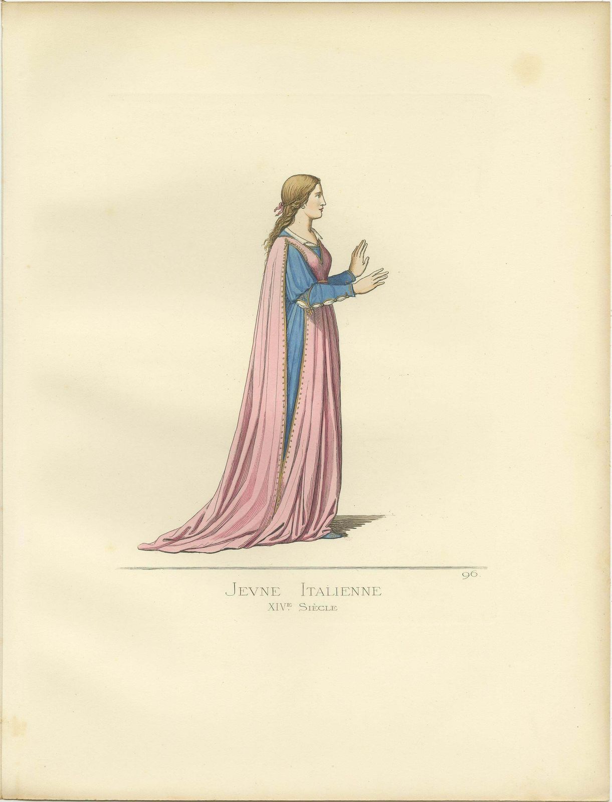 Antique Print Of A Young Italian Woman, 14th Century, By Bonnard, 1860 photo for sale