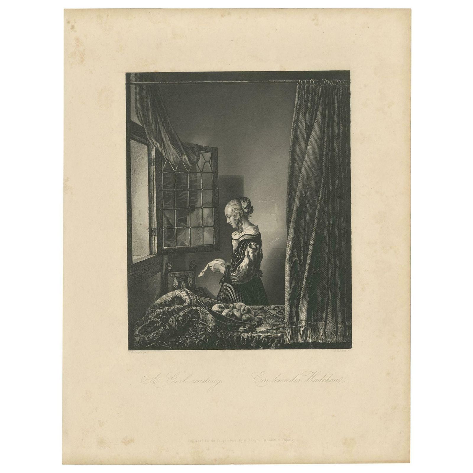 Antique Print Of A Girl Reading By Payne, 'C.1860'