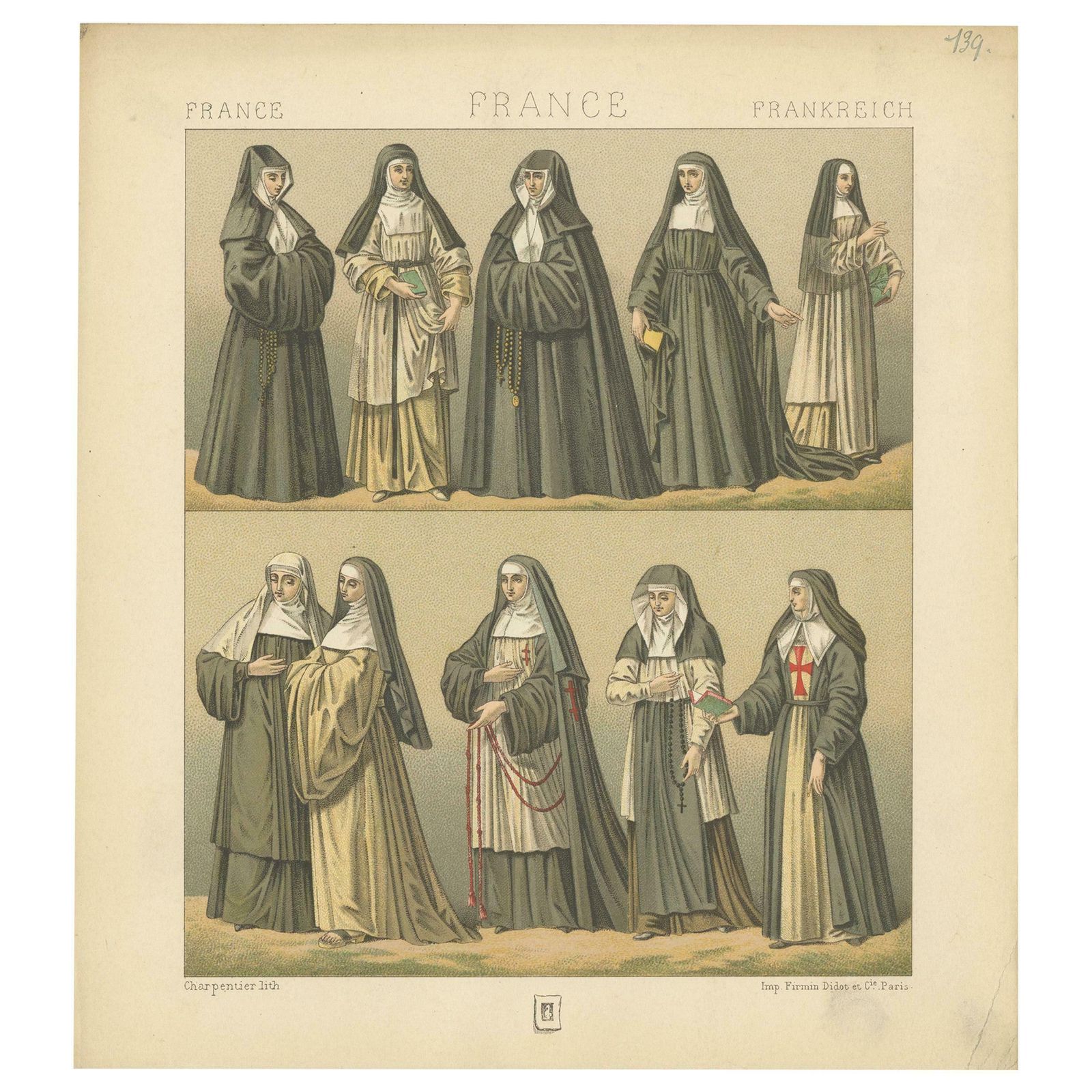 Pl. 139 Antique Print Of French Nuns By Racinet, 'Circa 1880'