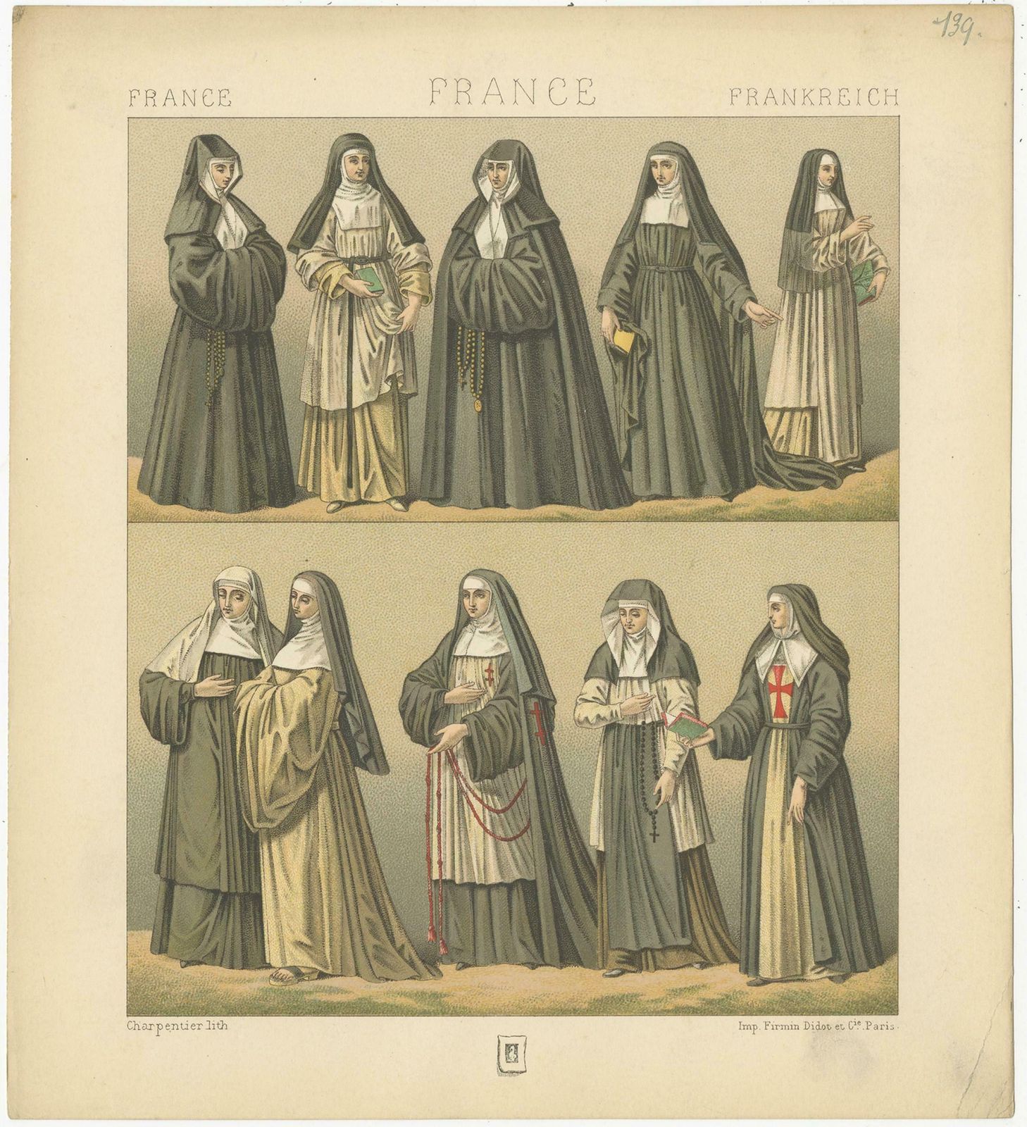 Pl. 139 Antique Print Of French Nuns By Racinet, 'Circa 1880' photo furniture