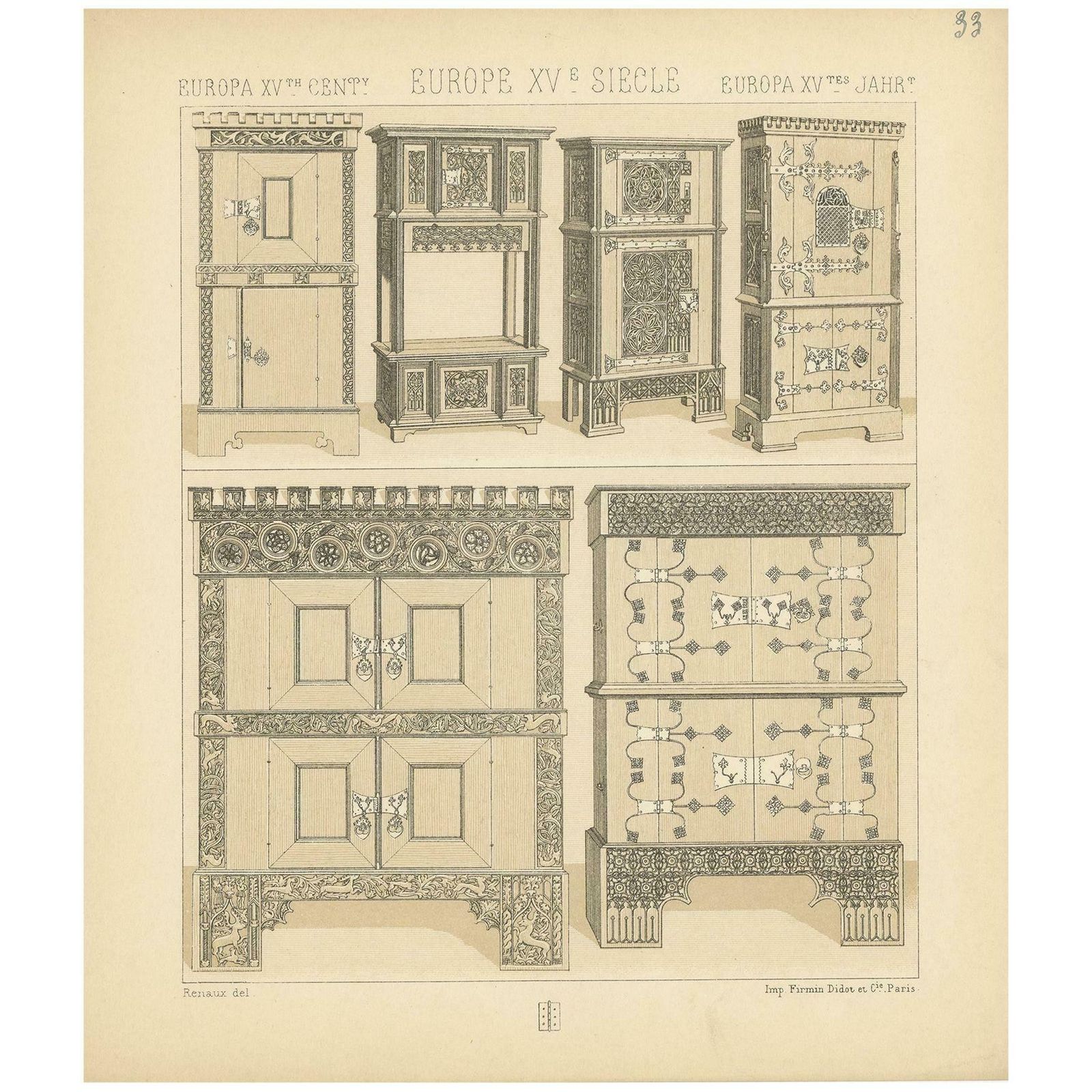 Pl. 33 Antique Print Of European 15th Century Furniture By Racinet, Circa 1880