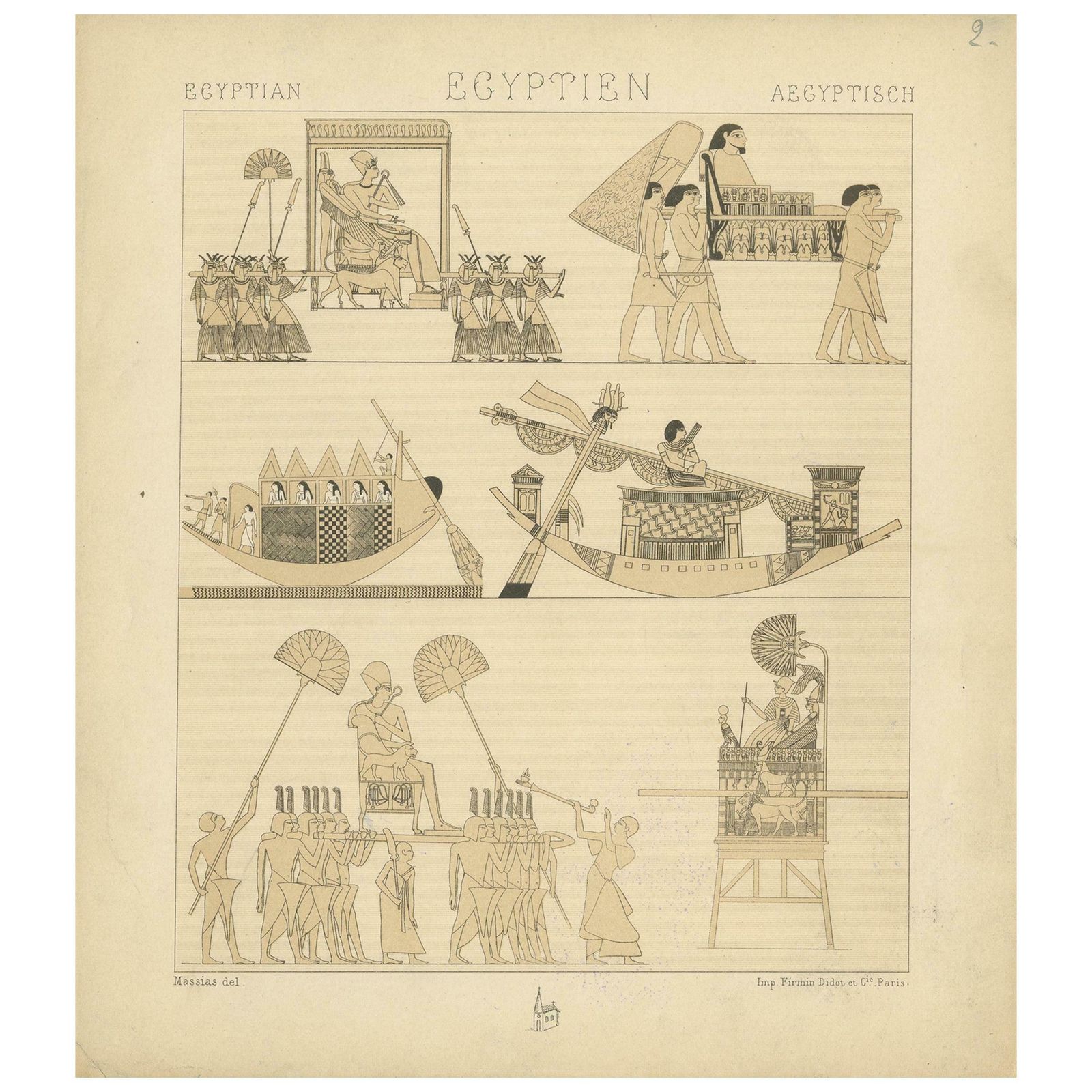 Pl. 2 Antique Print Of Egyptian Decorative Objects By Racinet, 'Circa 1880'